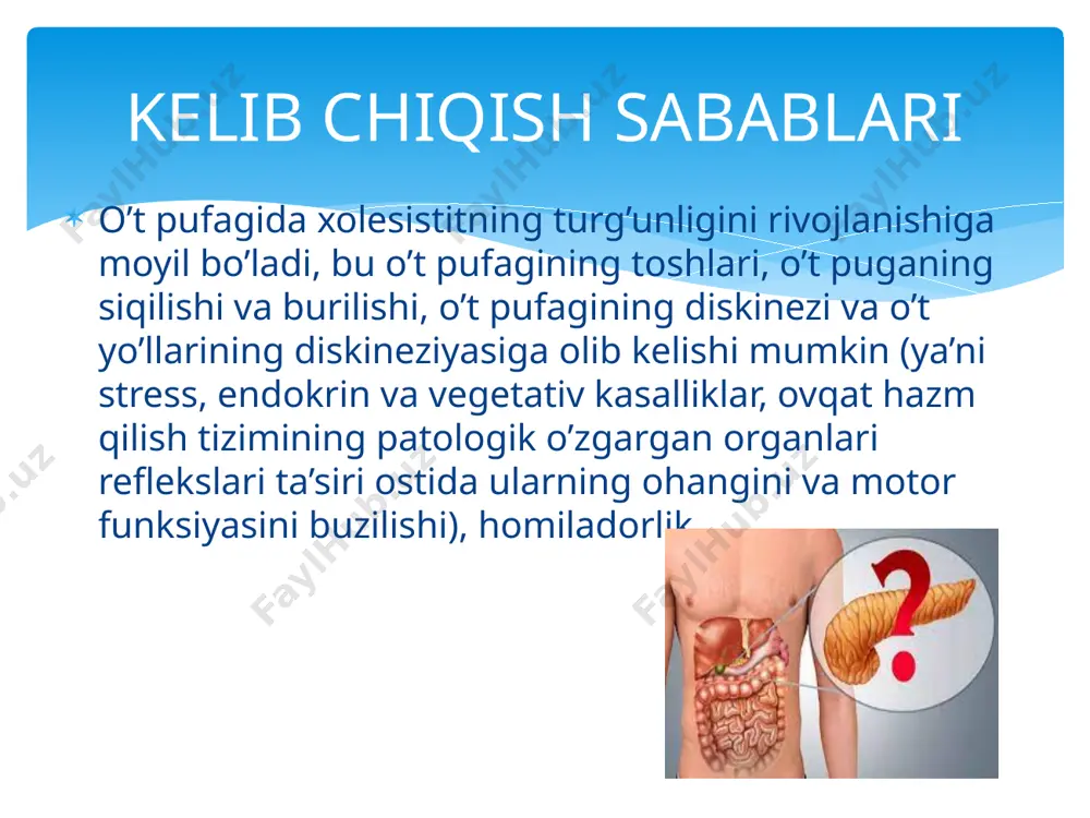 mchi surunkali pankreatitda kuchli og’riq kuzatilsa, uning spirtli ichimliklar ta’sirida rivojlangan og’riqsiz shakli yengil og’riqlar bilan namoyon bo’ladi umumiy qon tahlilida kasallikning qaytalanuvchi og’ir shakllarida neytrofilli leykotsitoz va echt ning oshishi aniqlanadi. shuningdek, qonda va siydikda amilaza ko’rsatkichlari keskin ko’tariladi. kasallikni tashxislashda najas tahlili muhim ahamiyatga ega. unda ko’p miqdorda yog’lar (steatoreya), kreatoreya va amiloreya mavjudligi qayd etiladi. asbobiy tekshirish usullarida oshqozon osti bezini utt, ko’rsatmalar bo’lganda kt yordamida ko’rish tashxisni yengillashtira. laborator-asbobiy tekshirish kasallikning avj olish davrida tinchlik, oshqozon osti bezi shirasi ajralishini qo’zg’atuvchi ta’sir ko’rsatmaydigan, ammo oqsillar va vitaminlar miqdori yetarli darajada bo’lgan parhez taomlar tavsiya etiladi. kuchli og’riqlar kuzatilganda bemorlar 1-2 kun davomida ovqatdan saqlanadi va spazmolitiklar va og’riq qoldiruvchi dorilar buyuriladi. yallig’lanish jarayonining avj olish davrida antibiotiklar, antiferment vositalar (trasilol, kontrikal va boshqalar) qo’llaniladi. davolash surunkali pankreatitga olib keluvchi o’t yo’llari kasalliklarini o’z vaqtida davolash va oldini olish, spirtli ichimliklar iste’mol qilishga qarshi aholi o’rtasida keng …