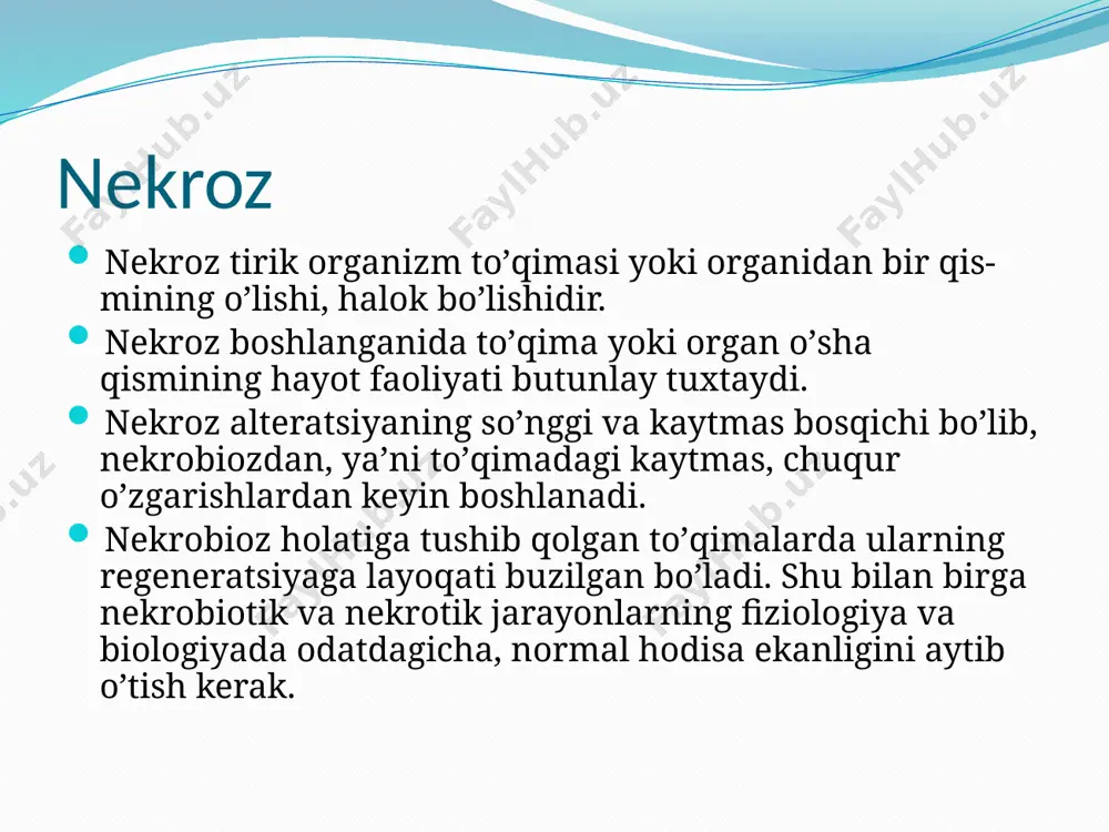 va yallig'lanish infiltrat hujayralarining gidrolitik fermentlari ta'sirida o'lik substratning parchalanishi. nekrozning makroskopik belgilari. bu belgilar xilma-xildir; ular "nekrozning klinik va morfologik shakllari" bo'limida batafsil yoritilgan. nekrozning barcha shakllariga xos bo'lgan narsa nekrotik to'qimalarning rangi, konsistensiyasi va ba'zi hollarda hidining o'zgarishidir. nekrotik to'qimalar zich va quruq mustahkamlikka ega bo'lishi mumkin, bu koagulyatsion nekroz bilan kuzatiladi. nekrozning mikroskopik belgilari. ular hujayralar yadrosi va sitoplazmasidagi o'zgarishlarni o'z ichiga oladi. yadrolar ketma-ket siqiladi (kariopiknoz), bo'laklarga parchalanadi (kario-rexis) va parchalanadi (karioliz). bu yadroviy o'zgarishlar gidrolazalar - ribonukleazalar va dezoksiribonukleazalarning faollashishi bilan bog'liq. oqsillarning denaturatsiyasi va koagulyatsiyasi sitoplazmada sodir bo'ladi, odatda kolikivatsiya kuzatiladi. sioplazmaning koagulyatsiyasi uning bo'laklarga bo'linishi (plazmoreksis) va organellalarning parchalanishi (plazmoliz) bilan almashtiriladi. fokal o'zgarishlar bilan ular fokal koagulyatsion nekroz va fokal koagulyatsiya nekrozi (balon degeneratsiyasi) haqida gapirishadi. apoptoz va nekroz o'rtasidagi morfologik farqlar. bu farqlar asosan ultrastrukturani qayta tashkil etish bilan bog'liq. ammo bu apoptozni yorug'lik-optik darajada kuzatish mumkin emas degani emas. yorug'lik …