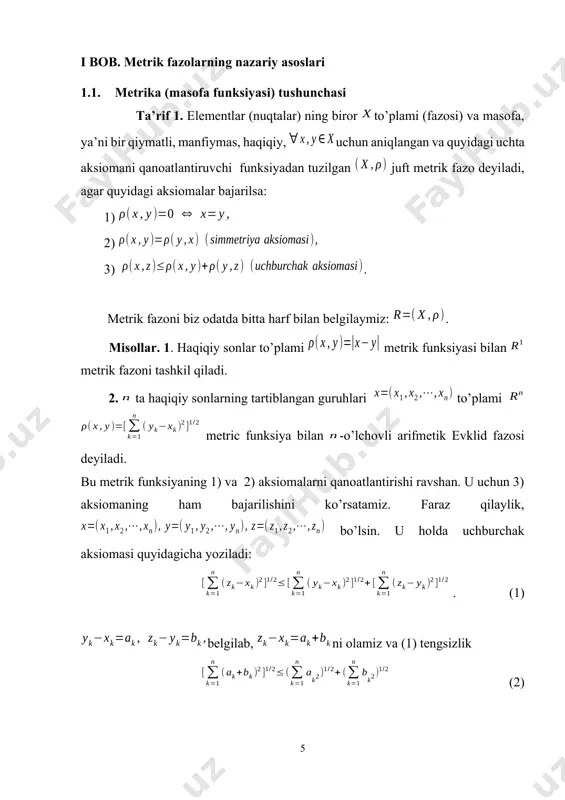gsizlik ixtiyoriy n>n0 uchun bajariladi. demak, x* nuqtaning ixtiyoriy atrofida x ning elementi mavjud, ya’ni x ning yopilmasi x* ga teng. nihoyat, x* ning to’la ekanligini isbotlaymiz. avval shuni aytish kerakki, x* ning ta’rifiga ko’ra x ning elementlaridan hosil bo’lgan ixtiyoriy x1, x2, , xn, fundamental ketma-ketlik x* ning biror x* elementiga yaqinlashadi, aniqrog’i, shu elementni o’z ichiga oluvchi sinf bilan aniqlangan x* elementga yaqinlashadi. x fazo x* fazoda zich bo’lgani tufayli x* ning elementlaridan tuzilgan ixtiyoriy x*1, x*2, , x*n, fundamental ketma-ketlik uchun unga ekvivalent bo’lgan va x ning elementlaridan tuzilgan x1, x2, , xn, ketma-ketlik mavjud. buni ko’rsatish uchun xn sifatida x ning ushbu (xn,x*n) 0 soni uchun shunday >0 son topilib, x(x0,x) 0 son berilgan bo’lsin. u holda = deb olamiz. endi c(a,x)=|x(t)–a(t)|, r(ta,tx)=|x(1)–a(1)| c(a,x) bo’lganligi sababli, c(a,x) 0 son uchun ushbu s(x0,r)={ x x: (x ,x0) 0 bo’lsa, u holda (a,a)=0 0 bo’ladi. endi, yo(x) olamiz. …