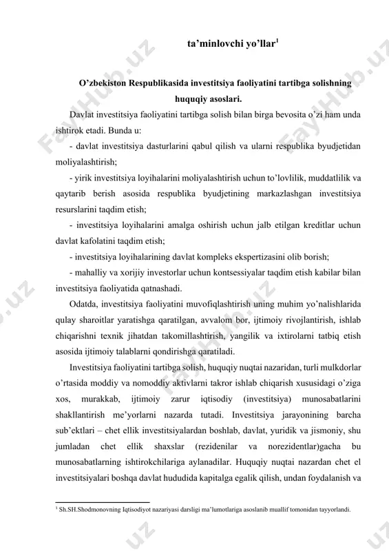 i soliq sub’ektlarini, ob’ektlari va stavkalarini tabaqalashtirish va soliq imtiyozlarini berish; - amortizatsiya siyosatini amalga oshirish, shu jumladan tezlashtirilgan amortizatsiya siyosatini qo’llash hamda amortizatsiya imtiyozlarini berish; - ayrim hududlarni, tarmoqlarni rivojlantirish maqsadga dotatsiyalar, subsidiyalar, subventsiyalar orqali yordam ko’rsatish; - kredit siyosatini, davlatning norma va standartlarining antimonopol tadbirlarini ishlab chiqarish, davlat mulkini xususiylashtirish va narx-navo siyosatini o’tkazish; - yer hamda boshqa tabiiy boyliklardan foydalanish shart-sharoitlarini aniqlash; - investitsiya loyihalarini ekspertizadan o’tkazish va davlat dasturlariga kiritish. - investitsiya loyihalarining monitoringini o’tkazish va mexanizmini ishlab chiqish.- zarur hollarda yoki qonunga muvofiq investitsiya faoliyatini to’xtatib turish, cheklash yoki tugatish. umuman, investitsiya faoliyatining davlat tomonidan tartibga solinishi huquqiy sharoitlar yaratish, ushbu faoliyatni yuritish uchun kafolatlar berish, u faoliyat sub’ektlarini sug’urtalash va boshqa vositalar orqali ijtimoiy yoki davlat manfaatlarini amalga oshirish yo’lida tashkil etiladi, shuningdek, investitsiya faoliyatini davlat tomonidan tartibga solish, birinchi navbatda, davlatning iqtisodiy, ilmiy-texnikaviy va ijtimoiy siyosatini amalga oshirish maqsadlarini ko’zlaydi. ____________________________________ o’zbekiston respublikasi …