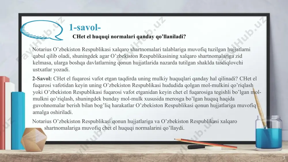 8 4-savol: notarius qanday hollarda topshiriqlarni bajarmaydi? 9 o’zbekiston respublikasi notariuslari ayrim notarial harakatlarni amalga oshirish to’g’risida chet el adliya organlari tomonidan belgilangan tartibda berilgan topshiriqlarni bajaradila 10 e’tiboringiz uchun raxmat! 11 image3.jpeg image2.png image4.jpeg image1.jpeg