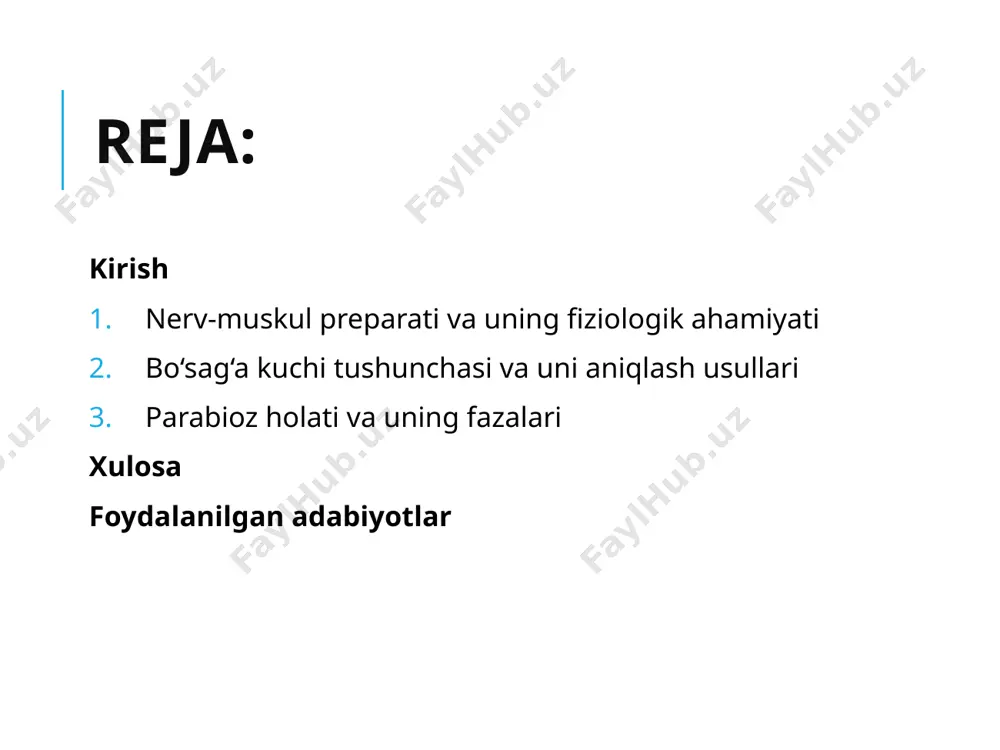 asi bo‘sag‘a kuchi — bu nerv yoki mushakni qo‘zg‘atish uchun zarur bo‘lgan eng kichik elektr stimulyatsiya kuchidir. agar qo‘zg‘atish kuchi bo‘sag‘adan past bo‘lsa, javob kuzatilmaydi; bo‘sag‘aga teng yoki undan yuqori bo‘lsa, mushak qisqaradi. bo‘sag‘a kuchining fiziologik mazmuni: nerv va mushak tolalarining qo‘zg‘aluvchanlik darajasini ko‘rsatadi. bo‘sag‘a kuchi qanchalik kichik bo‘lsa, nerv va mushak shunchalik sezgir bo‘ladi. har xil tashqi omillar (harorat, kimyoviy moddalar, kislorod yetishmasligi) bo‘sag‘a kuchini o‘zgartirishi mumkin. bo‘sag‘a kuchini aniqlash usullari: elektr stimulyatsiya yordamida – nervga elektr toki yuborilib, mushakning qisqarishi kuzatiladi. tok kuchi asta-sekin oshirib boriladi va mushak birinchi marta qisqargan nuqta bo‘sag‘a kuchi deb olinadi. minimal vaqt va kuch usuli – nafaqat kuch, balki stimulyatsiya davomiyligi ham muhim. qisqa davomli, ammo kuchliroq tok ham mushakni qo‘zg‘atishi mumkin. reobaza va xronaksiyani aniqlash – qo‘zg‘aluvchanlikni yanada chuqurroq o‘lchash usuli. nerv tolalarining nisbiy charchamasligi: muskul tolalari tezda charchaydi, chunki energiya zaxiralari tez sarflanadi. nerv tolalari esa uzoq vaqt qo‘zg‘aluvchanligini saqlab …