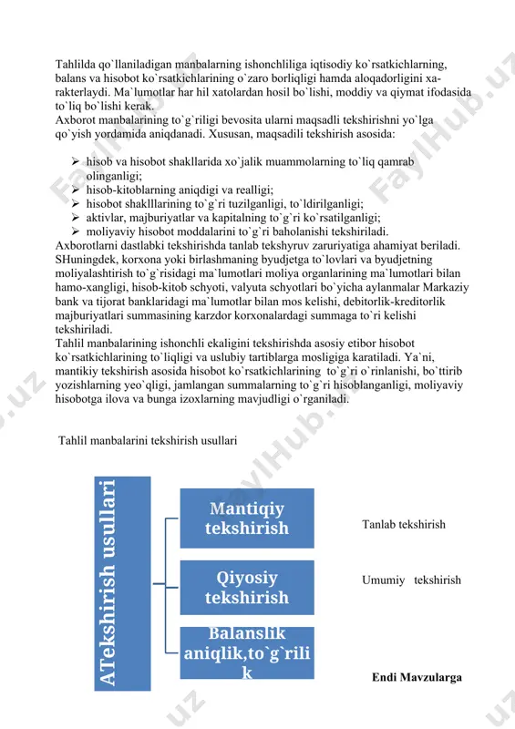 aniq, takkoslanuvchan, davriyligi bilan tavsiflanadi. axborotlar, eng avvalo, foydala- nuvchi talabiga javob berishi lozim. bu esa ma`lumotlarni qayta ishlashni va tahlil etishni tezlashtiradi. shu o`rinda milliy hisob va hisobot tizimidagi so`ngi yangi- liklarni inobatga olish kerak. ma`lumotlarni yig`ish, tarkiblash, analitik qayta ishlash, tahlilning axborot ta`minotini avtomatlashtirishda zamonaviy hisoblash texnikalaridan foydalanish bu muammoni bir kadar ijobiy hal etishga imkon beradi. bu esa bozor munosabatlariga o`tish sharoitida korxonaning mahalliy va jaxon bozoridagi holatini, birja, bojxona ma`lumotlarini, savdo palatalari, yarmarkalari bo`yicha ma`lumotlarni, brokerlik firmalaridagi ahvolni, turli ijgimoiy-iqtisodiy nashrlarda chop etiladigan ma`lumotlarni jahon kompyuter (internet) tizimiga ulanishi orqali tezkor olish imkonini bermoqda. korxonaning tijorat-savdo faoliyatini rivojlantirishda bu ma`lumotlar o`ta muxim va qimmatli hisoblanadi. tahlilda foydalaniladigan manbalarning ishonchli ekanligini tekshirish tahlilda qo`llaniladigan manbalarning ishonchliliga iqtisodiy ko`rsatkichlarning, balans va hisobot ko`rsatkichlarining o`zaro borliqligi hamda aloqadorligini xa- rakterlaydi. ma`lumotlar har hil xatolardan hosil bo`lishi, moddiy va qiymat ifodasida to`liq bo`lishi kerak. axborot manbalarining to`g`riligi bevosita ularni maqsadli …