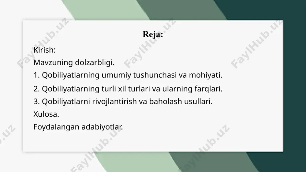 umumiy tushunchasi va mohiyati. qobiliyatlar – bu insonning ma'lum bir faoliyatni muvaffaqiyatli bajarishga bo'lgan tabiiy yoki o'rgangan imkoniyatlari, mahoratlari va ko'nikmalaridir. ular insonning intelektual, jismoniy, emosional va ijtimoiy salohiyatlarining birlashmasi bo'lib, individning turli sohalarda muvaffaqiyatga erishishida asosiy omil hisoblanadi. qobiliyatlar tabiatidan kelib chiqadigan xususiyatlar va jamiyatda o'zini qanday ko'rsatayotgani bilan o'zaro bog'liqdir. qobiliyatlarning mohiyati shundan iboratki, ular nafaqat tug'ma bo'lishi mumkin, balki turli treninglar, tajribalar va ta'lim orqali rivojlantirilishi ham mumkin. har bir insonda o'ziga xos qobiliyatlar mavjud bo'lib, ular bir-biridan farqlanadi. masalan, ba'zi insonlar musiqa va san'at sohalarida yuqori qobiliyatga ega bo'lsa, boshqalari ilm-fan yoki sportda muvaffaqiyatga erishadi. shu bilan birga, qobiliyatlar individual xarakterga ega bo'lib, ular o'z vaqtida to'g'ri shakllanib, rivojlanishi uchun mos sharoitlar va imkoniyatlar kerak. qobiliyatlar ikki turga bo'linadi: tabiiy (yoki tug'ma) va rivojlanish orqali o'zlashtirilgan. tabiiy qobiliyatlar tug'ilishdan boshlab mavjud bo'lib, odamning biologik va genetik xususiyatlariga asoslanadi. rivojlanish orqali o'zlashtirilgan qobiliyatlar esa ta'lim, treninglar va …