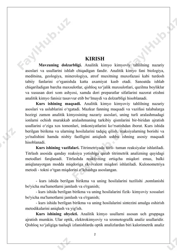 ssalari bo'yicha ma'lumotlarni jamlash va o'rganish; - kurs ishida berilgan birikma va uning hosilalarini sintezini amalga oshirish metodikalarini aniqlash va yig'ish. kurs ishining obyekti. analitik kimyo usullarni asosan uch gruppaga ajratish mumkin. ular optik, elektrokimyoviy va xromotografik analiz usullaridir. qishloq xoʻjaligiga taaluqli izlanishlarda optik analizlardan biri kalorimetrik analiz keng qoʻllaniladi. turli ob’ektlar tarkibidagi mikroelementlar miqdori ana shu usul yordamida aniqlanadi. kurs ishining hajmi. kurs ishi an’anaga koʻra kirish i bob, asosiy qism ii bob, tajriba qismi iii bob, olingan natijalar tahlili, xulosa iv bob va foydalanilgan adabiyotlar qismidan iborati boʻlib, times new roman bosma taboqda, 14 oʻlcham va 1,15 intervallarda yozilgan. kurs ishining hajmi 19 sahifadan tashkil topgan. 8 ta adabiyotlar roʻyxatidan tashkil topgan. i.asosiy qism: 1.1. kulonometriya analiz metodi haqida ma’lumot kulonomеtrik analiz usuli yuqorida aytilganidеk, elеktrod sirtida oksidlanadigan yoki qaytariladigan elеktr aktiv moddaning massasi (m) bilan elеktr miqdori (q) orasidagi bogʻlanishni ifodalovchi faradеyning birlashgan qonunlariga asoslangan: yoki bu …