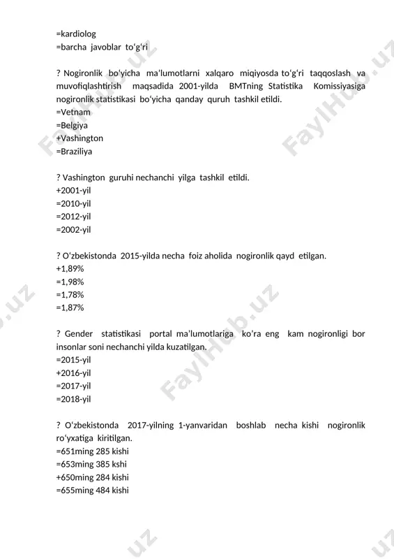 o‘rtacha umr uzunligini aniqlang. =erkaklarda 70,4 ayollarda 76,1 +erkaklarda 71,4 ayollarda 76,2 =erkaklarda 71,5 ayollarda 76,3 =erkaklarda 71 ayollarda 76 ? nechanchi yilda o‘zbekiston respublikasi “mehnat va aholini ijtimoiy muhofaza qilish” vazirligi “mehnat va aholini ish bilan ta’minlash” vazirligiga aylantirildi. =2014-yil =2015-yil +2016-yil =2017-yil ? birlashgan millatlar tashkilotining “nogironlar huquqlari to‘g‘risidagi konvensiya ” ni nechanchi yilda imzolagan. =2006-yilda =2007-yilda =2008-yilda +2009-yilda ? statistik ma’lumotlarga ko‘ra o‘zbekistonda necha nafar 16 yoshgacha bo‘lgan bolalar mavjud. =9 mln. 700 ming =8 mln. 600 ming +9mln. 800 ming =9 mln. 900 ming ? statistik ma’lumotlarga ko‘ra 16 yoshgacha bo‘lgan bolalar orasida necha nafar nogironligi mavjud bolalar bor. +100 – 110ming =100 - 120ming =200 - 210ming =250 – 260ming ? o‘zbekistonda nechta muruvvat uylari mavjud. =4 ta =5 ta +6 ta =7 ta ? “ta’lim to‘g‘risidagi qonun” ning nechanchi moddasi inklyuziv ta’limga tegishli +20-modda =21-modda =22-modda =23-modda ? “bola huquqlarini kafolatlash to‘g‘risida”gi qonunning nechanchi …