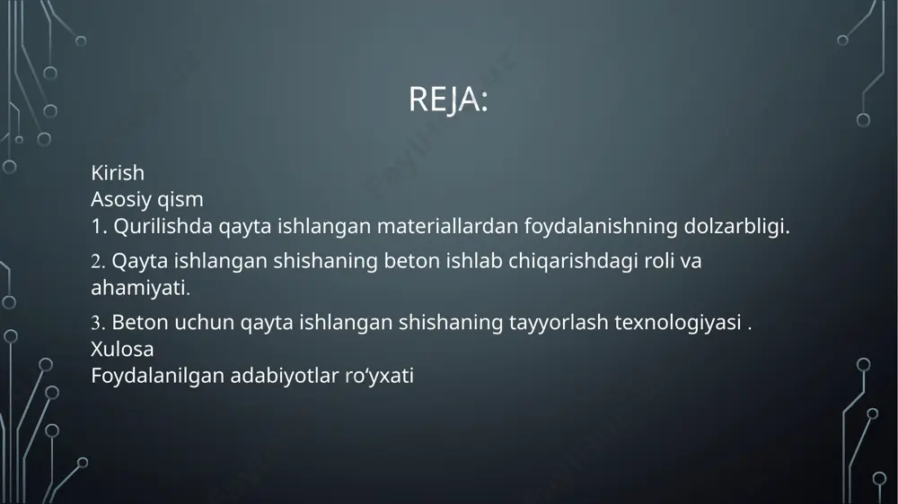 esa vizual va tekstura xususiyatlariga ta'sir qilishi mumkin. bundan tashqari, beton aralashmadagi shisha suvning emishini kamaytirishga yordam beradi, bu esa materialni namlik va sovuqqa chidamli qiladi. qayta ishlangan shisha qo'shilishi nafaqat ekologik jihatdan qulay, balki mustahkamlik va chidamlilikni oshirish kabi yaxshilangan xususiyatlarga ega bo'lgan betonni yaratadi. shisha qo‘shilgan beton qayta ishlangan shishaning beton ishlab chiqarishdagi roli va ahamiyati bugungi kunda qurilishda ekologiya masalasi ayniqsa keskin. qayta ishlangan shisha bilan to'ldirilgan beton atrof-muhitga salbiy ta'sirni kamaytirishda yangi ufqlarni ochadi. keling, ushbu materialning asosiy afzalliklarini ko'rib chiqaylik: 1. tabiiy resurslardan foydalanishni qisqartirish. an'anaviy beton katta miqdordagi qum va tsementni talab qiladi, ularning qazib olinishi tabiiy resurslarning kamayishiga olib keladi. qayta ishlangan shisha tabiiy materiallarni saqlab, ushbu komponentlarni qisman almashtiradi. 2. chiqindilar hajmini kamaytiring. har yili millionlab tonna shisha chiqindixonaga tushadi. ushbu oynani betonda ishlatish chiqindilarni kamaytirishga va poligonlardagi bosimni kamaytirishga yordam beradi. 3. ishlab chiqarishning energiya samaradorligi. beton uchun qayta ishlangan shisha …