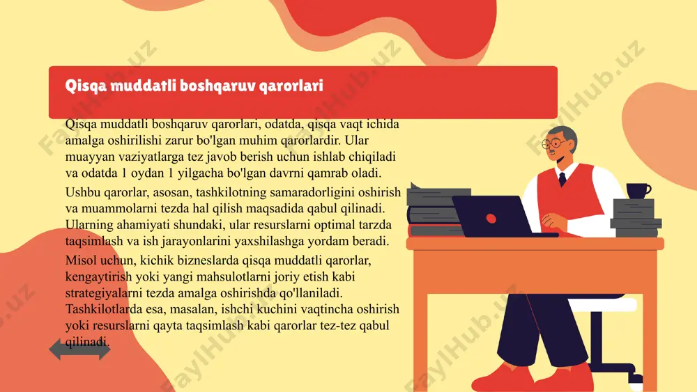 arar yetkazishi. - qarorlarning uzoq muddatli ta'siri: qisqa muddatli qarorlar, ko'pincha, uzoq muddatli rejalashtirish va barqarorlikka salbiy ta'sir ko'rsatishi mumkin. masalan, korxona foydasini qisqa muddatda oshirish uchun sarflangan mablag'lar, kelajakda rivojlanish imkoniyatlarini cheklashi mumkin. - misollar: - covid-19 pandemiyasi davomida tezkor qarorlar qabul qilingan bo'lib, bu korxonalarni tezda yangi sharoitlarga moslashishga imkon berdi, ammo bu ko'plab kichik bizneslar uchun uzoq muddatli zararlarga olib keldi. qisqa muddatli boshqaruv qarorlarini tushunish qisqa muddatli boshqaruv qarorlari tez va samarali qarorlar qabul qilish jarayonida muhim rol o'ynaydi. ushbu qarorlar tashkilotning moslashuvchanligini oshirib, muammolarni tezda hal etishga imkon beradi. tezkor qarorlar, shuningdek, resurslarni samarali taqsimlash va raqobatbardosh ustunlikni ta'minlashga yordam beradi. masalan, bozor talabiga tezkor javob berish orqali kompaniyalar o'z mijozlari ehtiyojlarini qondira olishadi, bu esa ularning o'sishiga olib keladi. qarorlarning asosiy turlari operativ qarorlar operativ qarorlar, kundalik faoliyatni boshqarish uchun zarur bo'lgan tez va aniq qarorlardir. ular qisqa muddatli maqsadlarni amalga oshirishga qaratilgan bo'lib, …