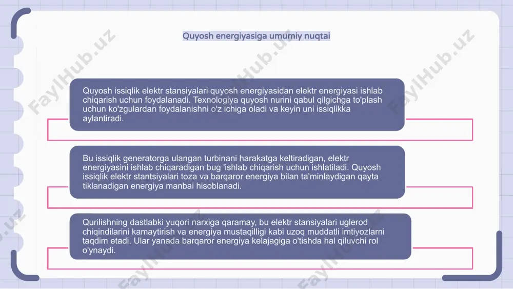qilish uchun ishlatiladi. issiqlik saqlash tizimlari quyosh nuri kam bo'lgan davrda foydalanish uchun ortiqcha issiqlik energiyasini saqlaydi va quyosh issiqlik elektr stantsiyalarida uzluksiz energiya ishlab chiqarishni ta'minlaydi. quyosh kollektorlarining turlari quyosh issiqlik elektr stantsiyalari quyosh energiyasidan foydalanish uchun har xil turdagi quyosh kollektorlaridan foydalanadi. yassi plastinka kollektorlari eng keng tarqalgan turdagi bo'lib, odatda shisha va metalldan tayyorlanadi. ular quyosh nurlarini o'zlashtiradilar va uni issiqlikka aylantiradilar. evakuatsiya qilingan quvur kollektorlari quyosh nuri va issiqlikni ushlab turadigan o'zaro bog'langan shisha quvurlardan iborat yana bir mashhur tanlovdir. ushbu kollektorlar issiqlikni saqlashda samarali bo'lib, ularni keng harorat oralig'iga moslashtiradi. parabolik olukli kollektorlar quyosh nurini bitta o'qga qaratib, olingan issiqlik miqdorini maksimal darajada oshirish uchun mo'ljallangan. ushbu kollektorlar yuqori samaradorlik tufayli odatda konsentrlangan quyosh energiyasi (csp) stansiyalarida qo'llaniladi. quyosh issiqlik elektr stansiyalarida issiqlik uzatish mexanizmlari quyosh issiqlik elektr stantsiyalari elektr energiyasini ishlab chiqarish uchun quyosh nurlaridan foydalanish uchun turli xil issiqlik uzatish mexanizmlaridan foydalanadi. keng …