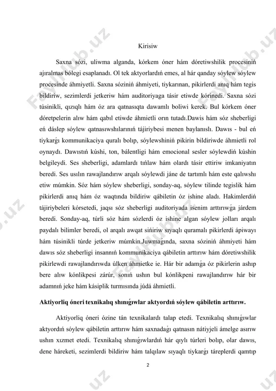 iq óneri texnikalıq shınıǵıwlar aktyordıń sóylew qábiletin arttırıw. aktiyorliq óneri ózine tán texnikalardı talap etedi. texnikalıq shınıǵıwlar aktyordıń sóylew qábiletin arttırıw hám saxnadaǵı qatnasın nátiyjeli ámelge asırıw ushın xızmet etedi. texnikalıq shınıǵıwlardıń hár qıylı túrleri bolıp, olar dawıs, dene háreketi, sezimlerdi bildiriw hám talqılaw sıyaqlı tiykarǵı táreplerdi qamtıp aladı. bul shınıǵıwlar aktyorlardıń professionallıq dárejesin arttırıw maqsetinde ámelge asırıladı.dawıs shınıǵıwları - aktyorlardıń dawısın hám onı qadaǵalaw qábiletin rawajlandırıwǵa qaratılǵan shınıǵıwlar. bul shınıǵıwlar arqalı aktyorlar dawısların kúsheytiw, tonlardı hár qıylılastırıw hám sóylewdi jaqsılaw imkaniyatına ie boladı. mısalı, ses shıǵarıw shınıǵıwları, dem alıw shınıǵıwları hám qızıqlı xalıqlardı úyreniw, aktyordıń saxnadaǵı dawısın jáne de tásirli hám anıq etiwi múmkin.dene shınıǵıwları bolsa aktyorlardıń jerkenishli háreketlerin talap etedi. bul shınıǵıwlar hám fizikalıq belsendilikti rawajlandırıwǵa járdem beredi. hár qanday jaģdayda kúshli hám anıq sózge erisiw jolları emocional ańlatpa sózlerdiń mánisin emotsiyalar menen kúsheytiw. aktyorlar ayaq oyın, akrobatika yaki fizikalıq shınıǵıwlar arqalı dene rawajlanıwına erisiwi kerek. máselen, fizikalıq …
