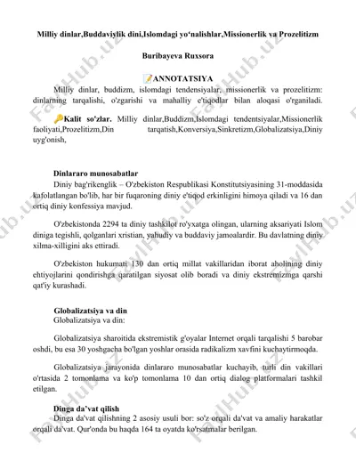 milliy dinlar, buddaviylik dini, islomdagi yoʻnalishlar, missionerlik va prozelitizm — DOCX