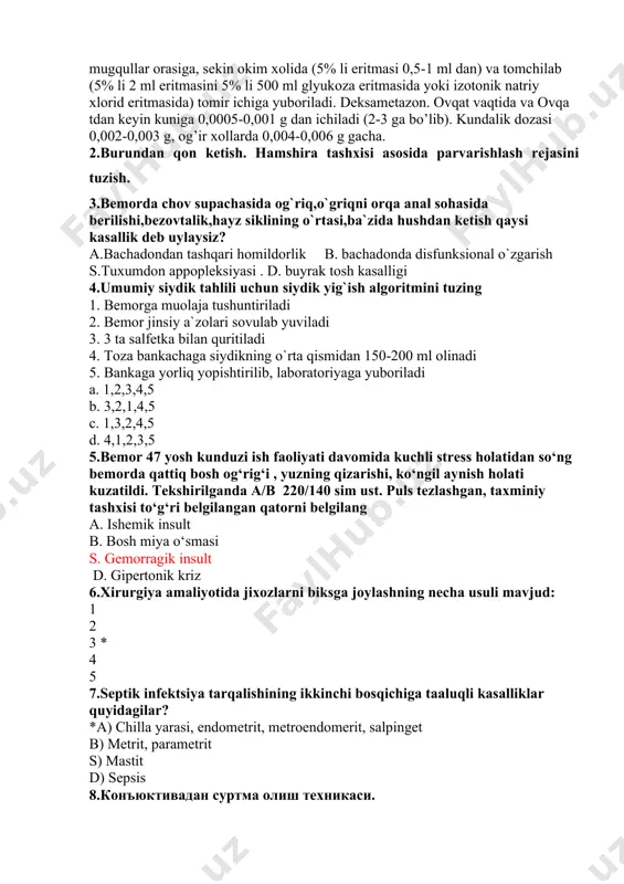 ashxisi to‘g‘ri belgilangan qatorni belgilang a. ishemik insult b. bosh miya o‘smasi s. gemorragik insult d. gipertonik kriz 6.xirurgiya amaliyotida jixozlarni biksga joylashning nеcha usuli mavjud: 1 2 3 * 4 5 7.sеptik infеktsiya tarqalishining ikkinchi bosqichiga taaluqli kasalliklar quyidagilar? *a) chilla yarasi, endomеtrit, mеtroendomеrit, salpingеt b) mеtrit, paramеtrit s) mastit d) sеpsis 8.конъюктивадан суртма олиш техникаси. 1.стерил пробиркани тез очиб спиртовка устидан ўтказиб, пастки қовоқни тортиб пастки конъюнктивал бурмадан стерил пахтали тампон юргизилади. 2. бемор спиртовкага яқин ўтиради. 3. стерил хона кварцлангандан кейин, спиртовка ёндирилади. 4. устига йўлланма ёзилади (беморнинг фамилияси, қайси кўзи, кун, ташҳис) ва лабораторияга юборилади. 5. пробирка тезда ёпилади. а) 1, 3, 4, 2, 5 в) 3, 1, 2, 4, 5 с) 2, 3, 1, 4, 5 d) *3, 2, 1, 5, 4 9.ингаляция ўтказиш техникаси. 1.приборнинг махсус учи бемор оғиз бўшлиғига киритилади. 2. дастакли прибор керакли дорилар билан тайёрлаб қўйилади. 3. белгиланган вақт ичида бемор …
