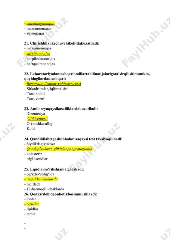 n: - qo‘shimchalarimavjudbo‘lsa · 60 daqiqaichidaeriydi · 0,2 birlikdankamloyqalanishgaega. ekstinksiya (kyuveta 0,3 sm; to‘lqinuzunligi 630 - 690 nm) · sariqrangdavayaltiroqlikkaega 43. surtmalardakuzatilayotgano‘zgarishlarningartefaktekanliginibildiruvchisitologikbelgi: · yadrogiperxromiyasiyekigipoxromiyasi · - hamma hujayralardagibirxilo‘zgarishlar · sitoplazmabazofiliyasi · sitoplazmavakuolizatsiyasi 44. aterogeneffektgaega: - zichligiyuqorilipoproteidlar zichligipastlipoproteidlarfosfolipidlar polito‘yingankislotalar 45. koagulologiktadqiqotlarsifatininazoratqilishdaqo‘llanilmaydi: - ko‘psonlidonorlarningaralashganyangiplazmasi (kamida 20 kishi), kalibrlashuchunstandartinsonliofilizlanganplazmasi · qonivishfaktorlarianiqkonsentratsiyadagiinsonplazmasidantayyorlanganplazma (normal vapatologik) · qonivishfaktorlariayrimlariningdefitsitlinazoratplazmasi · donordanolinganyangiplazma 46. rivaltprobasinimagamo‘ljallangan: - glikogennianiqlashga · serozsuyuqlikdagemoglobinnianiqlashuchun · transudatlarniekksudatlardanajratishuchun · serozsuyuqlikhujayralarinianiqlashuchun 47. gematologikanalizatorlarko‘rsatkichi rdw qandayo‘zgarishlarniaksettiradi: · eritrositlarshaklini (poykilositoz) · eritrositlarmiqdorini · eritrositlarninggemoglobinbilanto‘yinganligini · eritrositlarninghajmigako‘rafarqini (anizositoz) 48. nazoratmateriallarini talab qilmaydigansifatniboshqarishusuli: · paralelnamunalarnio‘rganish, namunanitakroriytekshirish · konstantalarniishlatish · o‘rtacha normal ko‘rsatkichlarusuli · yuqoridaaytilganlarninghammasi 49. o‘tkirleykozturinianiqlashdaqaysiusulsamaraliroq: - periferikqonsurtmasinitekshirish - sitoximikusul · suyakko‘migipunktantinitekshirish · yonboshsuyaginingtrepanobiopsiyasi 50. bachadonbo‘yinchasi qin qismidanolingansurtmalardaqaysihujayralarningbo‘lishimaqsadgamuvofiq: - silindrikepiteliyhujayralari · metaplazirlanganepiteliyhujayralari · yassiepiteliyhujayralarivaleykotsitlar · yassi, silindrikvametaplazirlanganepiteliyhujayralari 51. go‘s