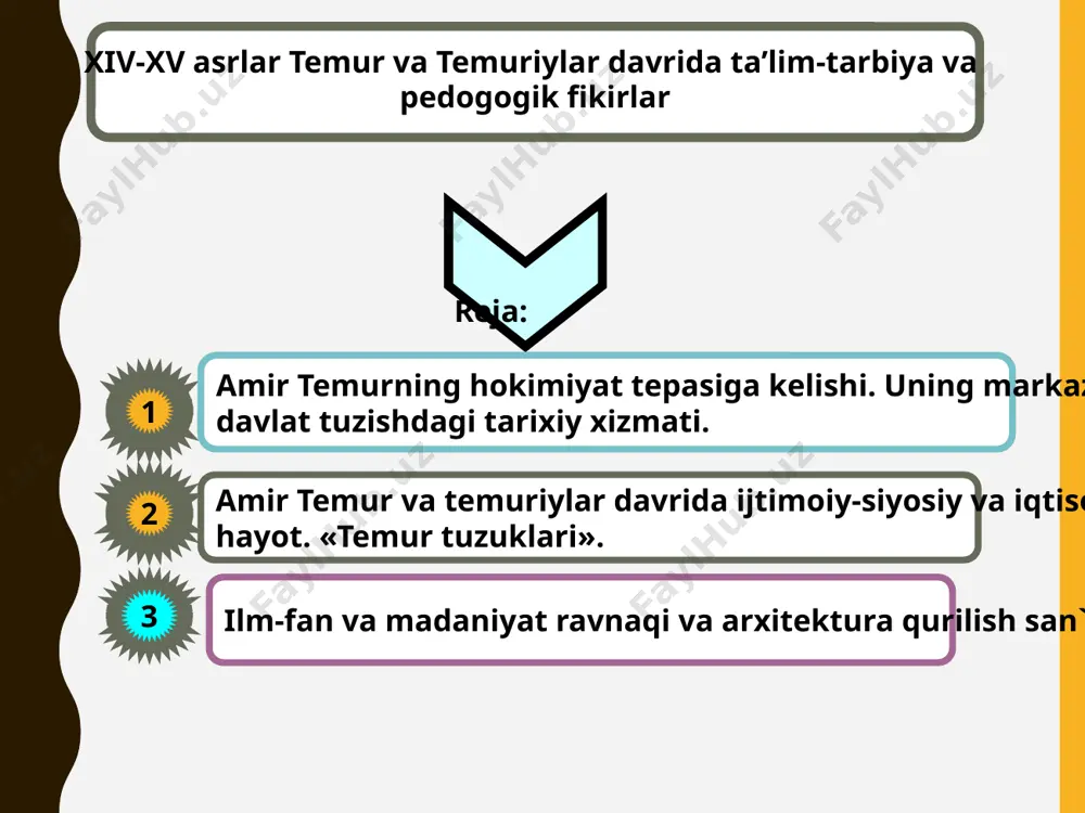 ) амир темурнинг ташқи юришлари 1381 — 84 йиллар давомида амир темур эроннинг катта қисмини эгаллади. аввал (1381) калот, туршиз ва сабзавор, кейин (1383) сеистоннинг зиреҳ. зова, фараҳ ва буст қалъалари, 1384 йилда астробод вилояти ва озарбайжоннинг омул, сори, султония ва табриз шаҳарлари буйсундирилди 1371, 1373, 1375, 1379, 1388-йилларда хоразмга қарши беш марта юриш қилди ва уни бўйсундирди. 1371-1389-йилларда мўғулистон бўйсундирилган «уч йиллик» (1386 - 88) ҳарбий юришлар оқибатида жанубий озарбайжон, ироқнинг шим қисми. гуржистон ва ван кўли атрофидаги ерлар эгалланди амир темур бутун эътиборини эрон, ироқ, сурия, кичик осий ва ҳиндистон ерларини узил-кесил забт этишга қаратди. у «беш йиллик» (1392 — 96) уруш давомида ғарбий эрон, ироқи ажам ва кавказни эгаллади, натижада музаффарийлар ва жалоирийлар ҳукмронлиги барҳам топди амир темур 1398-1399 йилларда ҳиндистонни забт этган амир темурнинг 1399 — 1404 йилларда олиб борган «етти йиллик» ҳарбий юришлари натижасида шомнинг ҳалаб (алеппо), хумс, баалбек (баъалбак), димишқ (дамашқ) каби йирик шаҳарлари …