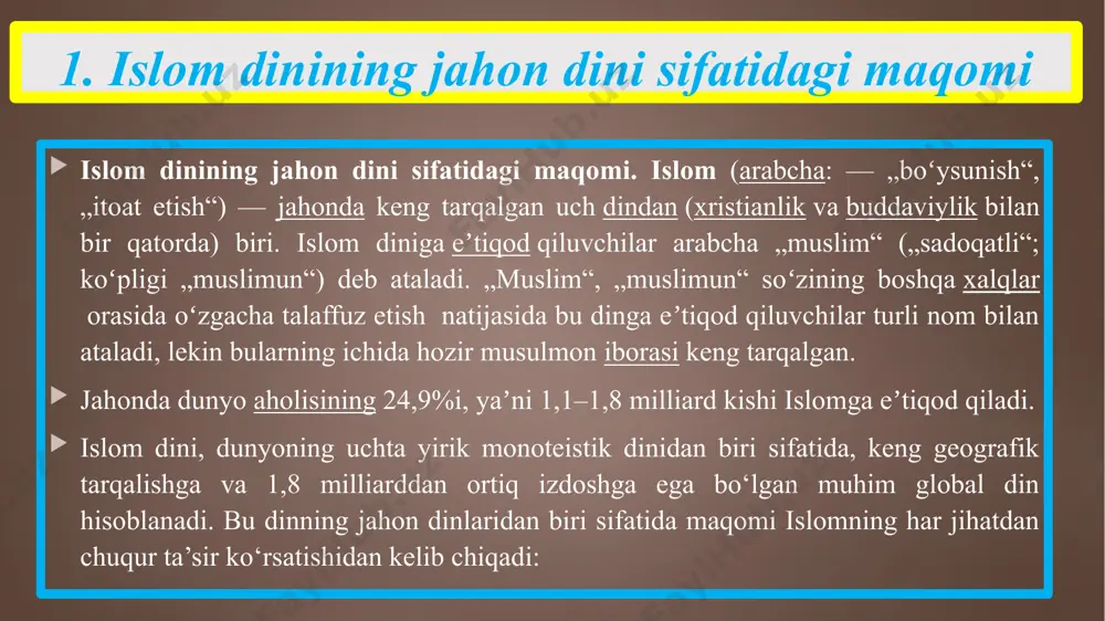 engaygan, zaiflar huquqsiz bo‘lib, kuchli tabaqalar tomonidan ezilardi. islom dini adolat va tenglikka asoslangan ijtimoiy tizimni o‘rnatishga intildi, bu esa diniy harakatning ijtimoiy sabablaridan biri edi. savdo yo‘llarining rivojlanishi: arabistonning hududiy joylashuvi xalqaro savdo yo‘llari kesishmasida joylashgan bo‘lib, bu mintaqada iqtisodiy va madaniy ta’sirlarning ko‘payishiga olib keldi. savdogarlar o‘rtasida islomni qabul qilish natijasida dinning tez tarqalishi kuzatildi. makkadagi ziddiyatlar va adolatsizlikka qarshi kurash: muhammad (s.a.v) va dastlabki musulmonlar makkadagi ziddiyatli vaziyatda yashadilar. ular iqtisodiy zulmga, ijtimoiy adolatsizlikka qarshi chiqib, tenglik va adolatni targ‘ib qildilar. bu harakatlar islomning rivojlanishi va keng yoyilishining asosiy sababi edi. diniy birlashish va yagona xudoga e’tiqod: islom ko‘p xudolik (politeizm) hukmron bo‘lgan davrda yagona xudoga e’tiqodni targ‘ib qilib, arab jamiyatini birlashtiruvchi kuchga aylandi. yagona xudoga e’tiqod milliy va qabilaviy chegara va tafovutlarni bartaraf etib, butun arab jamiyatini birlashtirishga imkon berdi ko‘pxudolik (politeizm): islomdan oldingi davrda arabistonning aksariyat aholisi ko‘pxudolikka e’tiqod qilgan. yagona xudoga e’tiqod qiluvchilar (haniflar): …