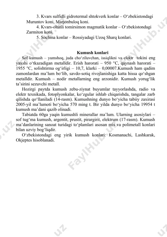 kimyo sanoatida katalizator sifatida, elektr va radio texnikada qo‘llaniladi. radiy – kimyo sanoatida va platinali qorishma sifatida, kimyo laboratoriyalari uchun shishalar tayyorlashda ishlatiladi. palladiy – iridiy bilan qotishma sifatida avtomatik moslamalar tayyorlashda qo‘llaniladi. osmiy va iridiy ba’zi bir ilmiy asboblar tayyorlashda etalon metr va kg o‘lchovlar tayyorlashda qo‘llaniladi. platina – zargarlikda kimyoviy ta’sirga chidamli bo‘lgan laboratoriya idishlari tayyorlashda qo‘llaniladi (18-rasm). tabiatda 60 ga yaqin platina guruhiga kiruvchi metallar birikmalari aniqlangan. ularning asosiylari: poliksen, osmilit, ferroplatina, kuperit va boshqalar. platina guruhiga kiruvchi metallarning dunyo bo‘yicha tabiiy zaxirasi 2005 yil ma’lumoti bo‘yicha 71 ming t, shu jumladan, 63 ming t jarda to‘plangan. bir yilda dunyo bo‘yicha 218 t platina ma’dani qazib olinadi. shundan 170 t jar ishlab chiqaradi. platina guruhiga kiruvchi metallarning sanoat turidagi to‘plamlari quyidagi turlardagi konlar bilan bog‘liq. 1. magmatik konlar – jar dagi bushoit koni, o‘zbekistonda tebinbuloq, sintob, beltov konlari. 2. likvatsion konlar-kanadada-syodberi, rossiyada-norilsk. 18-rasm. platina va uning ishlatilishi. …
