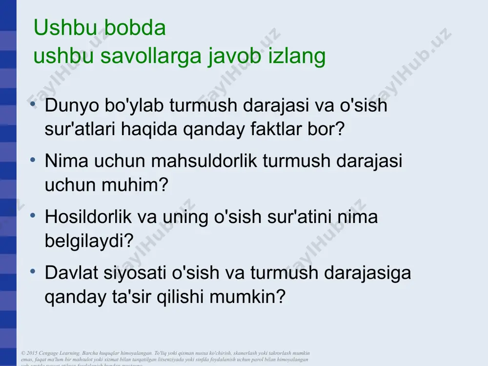 irish, skanerlash yoki takrorlash mumkin emas, faqat maʼlum bir mahsulot yoki xizmat bilan tarqatilgan litsenziyada yoki sinfda foydalanish uchun parol bilan himoyalangan veb-saytda ruxsat etilganidan tashqari. ‹#› buyuk britaniyadagi barcha mol-mulkiga ega odatiy oila, rivojlangan iqtisodiyot aholi jon boshiga yaim: 36 010 bolalar o'limi darajasi: 0,5% o'rta maktabga qabul qilish: 98% devid rid - material world dan ‹#› © 2015 cengage learning. barcha huquqlar himoyalangan. to'liq yoki qisman nusxa ko'chirish, skanerlash yoki takrorlash mumkin emas, faqat ma'lum bir mahsulot yoki xizmat bilan tarqatilgan litsenziyada yoki sinfda foydalanish uchun parol bilan himoyalangan veb-saytda ruxsat etilgan foydalanish bundan mustasno. ‹#› ‹#› ‹#› bu va keyingi ikkita slayd “rasm minglab statistikaga arziydi” sarlavhali fyi oynasidan olingan. ushbu fotosuratlar statistika va nazariyalarga inson qiyofasini qo'yadi. ko'pgina talabalar 1-jadvaldagi ma'lumotlardan ko'ra ko'proq ushbu rasmlarga bog'lanadi. har bir rasm uchun oila barcha narsalarni suratga olish uchun tashqariga sudrab borishi uchun to'lanadi. pastki chap burchakdagi statistik ma'lumotlarni …