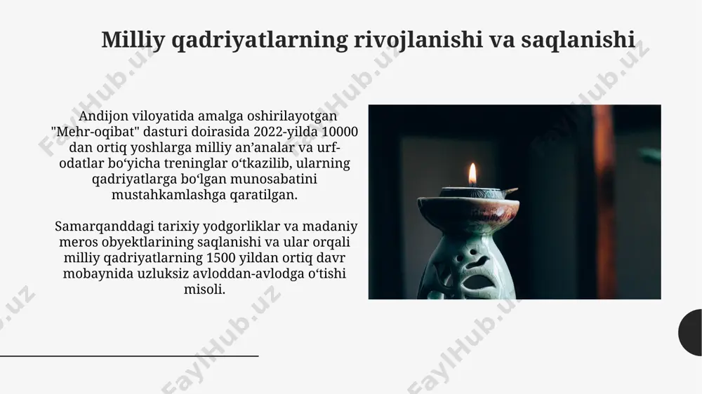 ig'i oilaviy qadriyatlarga asoslangan. 2023-yilgi hisobotlarga ko'ra, yoshlar orasida milliy va umuminsoniy qadriyatlarni targ'ib qilish bo'yicha 7 ta yirik dastur amalga oshirilmoqda, ularning samaradorligi 80% atrofida. millatning ma'naviy-axloqiy me'yorlari o'zbek millatining ma'naviy-axloqiy me'yorlarida 3 ta asosiy qoida – halollik, mehr-oqibat va adolat tamoyillari 70% dan ortiq ijtimoiy munosabatlarni belgilaydi, bu esa jamiyatning barqarorligiga hissa qo'shadi. millatning ma'naviy-axloqiy me'yorlarini shakllantirishda 15-20 asrlarda buxoro va samarqand kabi yirik shaharlarning ta'siri muhim rol o'ynagan bo'lib, ularning diniy-ma'rifiy an'analari katta ahamiyat kasb etgan. madaniy xilma-xillik va uning ahamiyati madaniy xilma-xillikning iqtisodiy ahamiyati, 50 dan ortiq turli xil hunarmandchilik va san'at turlarining rivojlanishi orqali, turizm sohasini rivojlantirish va milliy yalpi mahsulotga sezilarli hissa qoʻshish orqali namoyon boʻladi. madaniy xilma-xillik oʻzbekistonning 12 million kishidan ortiq aholisini tashkil etadigan 100 dan ortiq millat va elatlarining boy madaniy merosiga asoslanadi, bu esa jahon miqyosida noyob ijtimoiy muhit yaratadi. milliy va universal insoniy qadriyatlar dialektikasi samarqand va buxoro kabi …