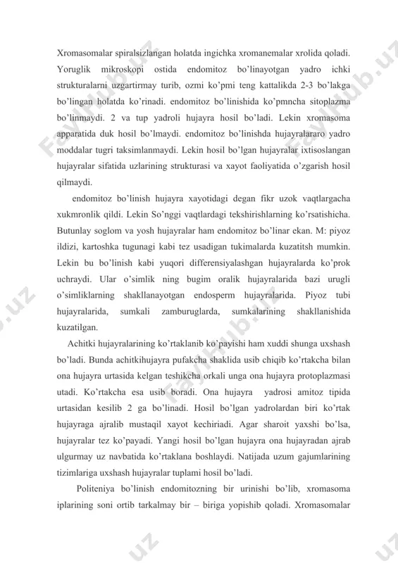 oliteniya bo’linish endomitozning bir urinishi bo’lib, xromasoma iplarining soni ortib tarkalmay bir – biriga yopishib qoladi. xromasomalar reduplikasiyasi 2 yo’l bilan politeniya va polisomatiya bilan boradi. politeniya xodisasi kiz hujayra xromatidlar ajralmay va ko’p ichlar politen xromasomalarni hosil qiladi. m: drozofilla lichinkasining sulak bezi hujayrasida xromasomalar soni 1024 gacha, boshqa turlarida undan ham ko’p bo’lishi mumkin. polisomatiya – kiz hujayralarga ajraladi. somatik poliploidiyada xromasomalar soni normadagi ipchalardan tashkil topgan. poligeniya polisomatiyadan sifat jihatdan farq qilib, ular 1 ta hujayrada kechadi. polisomatik hujayralada xromasomalar soni doimidir. hujayra bo’linishi prosessi reduplikasiyaga nisbatan sekin borsa politeniya va polisomatiya xodisasi bo’ladi. aksincha, bo’lsa, hujayralar bo’linishi prosessi poliploid hujayrada xromasomalar soni kamayadi, ya’ni soimatik reduksiya vujudga keladi. bunday o’zgarish yuksak o’simliklarda va ayrim xasharotlarda uchraydi. somatik reduksiya ko’pipcha tabiatda uchrab. uni eksperimental yo’l bilan ham vujudga keltirish mumkin. amitoz – hujayralarning tugri bo’linishi. bunda yadro 2 ga bo’linib, 2 ta kiz hujayrani hosil qiladi. mitozdagi …