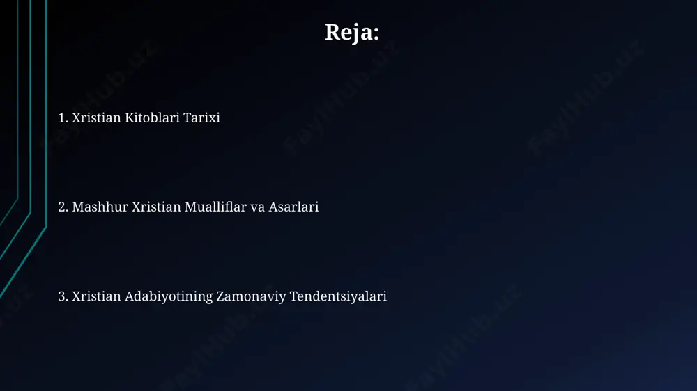 irga, xristian adabiyotining ommaviylashuvida muhim rol o'ynadi. 4-asrda, rim imperiyasi hududida, xristianlikning yoyilishi bilan birga, injilning turli tillarga, jumladan, ko'pgina mahalliy lahjalarga tarjimalari paydo bo'la boshladi. xristianlikka oid badiiy adabiyot "injil"ning turli tillarga, jumladan, o'zbek tiliga, ko'plab tarjimalari mavjud bo'lib, ularning ba'zilari 100 yildan ortiq vaqt davomida o'qib kelinmoqda. markaziy osiyoda, xususan, o'zbekistonda xristianlik mavzusidagi badiiy adabiyot, 21-asrda elektron kitoblarning ommaviylashuvi bilan birga, internet orqali ham keng tarqalmoqda. muqaddas kitob va uning ta'siri kitobdagi 39 ta eski ahd kitoblari va 27 ta yangi ahd kitoblari, isroil xalqining tarixi, isoning hayoti va ta'limotlari, shuningdek, dastlabki masihiylar jamiyatining rivojlanishi haqida hikoya qiladi. muqaddas kitobning 66 ta kitobi, taxminan 1500 yil davomida yozilgan bo'lib, yerning turli burchaklaridan, misr, falastin va bobil kabi hududlardan kelib chiqqan. e'tiboringiz uchun rahmat @taqdimot_robot image1.jpg image2.jpg image3.jpg image4.jpg image5.jpg image6.jpg image7.jpg