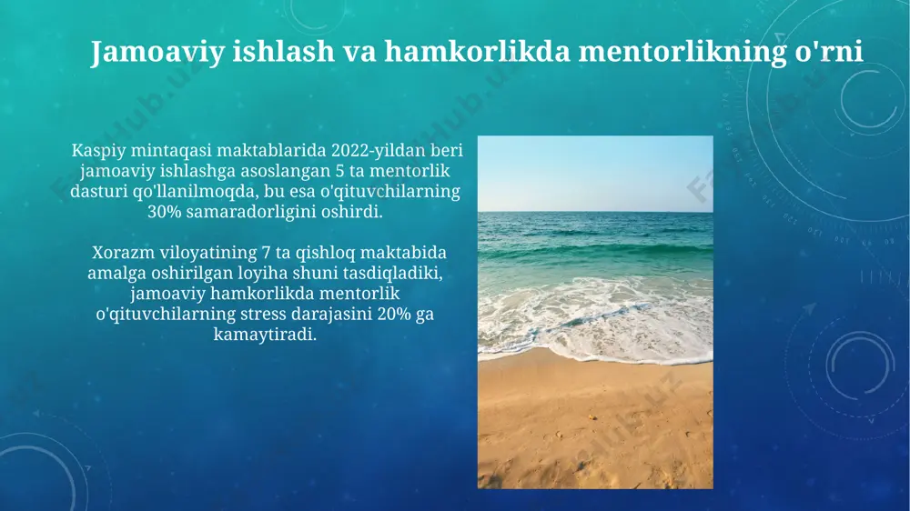 vjud. o'quvchilarning bilim olish sifatini oshirishda mentorlikning ta'siri 2022-yilda turkmanistondagi 3 ta maktabda amalga oshirilgan eksperimental mentorlik loyihasida, o‘quvchilarning mustaqil fikrlash va muammo yechish ko‘nikmalarining 20% ga oshganligi aniqlangan. markaziy osiyo, xususan, qozog‘istonning 5 ta viloyatida o‘tkazilgan tadqiqotlar shuni ko‘rsatdiki, mentorlik dasturlari qo‘llanilgan maktablarda o‘quvchilarning matematika fanidan o‘rtacha 15% ga yuqori ball olganligi kuzatildi. yangi pedagogik texnologiyalarni o'zlashtirishda mentorlik yordami qoraqalpogʻiston respublikasida 2023-yilda oʻtkazilgan tadqiqotlar 50 dan ortiq maktabda yangi pedagogik texnologiyalarni oʻzlashtirishda mentorlarning samaradorligini 80% ga yetkazish imkoniyatini koʻrsatdi. surxondaryo viloyatidagi 15 ta maktabda oʻtkazilgan seminarlar natijalariga koʻra, mentorlarning qoʻllab-quvvatlashi tufayli oʻqituvchilarning 75% i yangi baholash tizimlarini samarali qoʻllay boshladi. mentorlarni tayyorlash va malakasini oshirishning dolzarb masalalari qozog'istonning shimoliy hududlarida kamida 15 ta mentorga zamonaviy pedagogik texnologiyalar bo'yicha qo'shimcha malaka oshirish kurslarini o'tkazish lozim. mentorlarning raqamli savodxonlik ko'nikmalarini oshirish bo'yicha turkmaniston va ozarbayjon tajribasini o'rganish orqali 10 ta yangi trening modulini joriy etish mumkin. muammoli vaziyatlarni hal qilishda mentorlikning …
