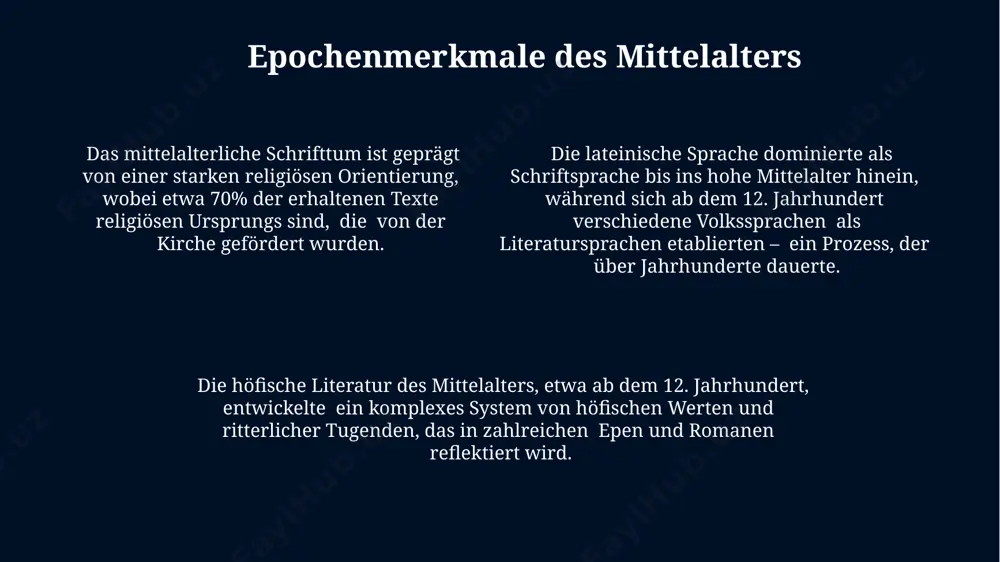 burg mit "tristan", die jeweils komplexen erzählstrukturen und moralische fragen aufwarfen. die höfische literatur des mittelalters umfasste etwa vom 12. bis 14. jahrhundert zahlreiche genres, darunter minnesang mit über 30.000 erhaltenen liedern und höfische epik wie die artussagen. wolfram von eschenbach und sein werk die „aventiure“, episodenhafte handlungseinheiten in „parzival“, besitzen oft symbolische bedeutungen und verweisen auf philosophische und religiöse konzepte, deutlich über 100 solcher episoden werden analysiert. wolfram von eschenbachs „parzival“ umfasst über 24.000 verse und gilt als eines der bedeutendsten werke der mittelhochdeutschen literatur, charakteristisch für die höfische epik des 12. jahrhunderts. im gegensatz zu chrétien de troyes, entwickelt wolfram von eschenbach in seinem werk parzival eine deutlich komplexere und psychologisch differenziertere figurenzeichnung, mit über 300 namentlich genannten charakteren. mittelalterliche literatur: ein überblick das 12. jahrhundert erlebte einen aufschwung geistlicher dramatik, mit über 40 erhaltenen mysterienspielen, die biblische ereignisse auf bühnen darboten und oft über 1000 zeilen umfassten. …