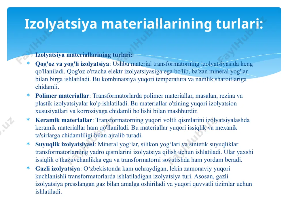 anishga nisbatan mustahkamligini tasdiqlaydi. o‘zgarmas tok (dc) kuchlanishida sinov: o‘tkazilgan dc sinov natijalari ham ijobiy bo‘ldi. izolyatsiyada ortiqcha qizish, oqim sizib chiqishi yoki boshqa xavfli holatlar aniqlanmadi. bu izolyatsiyaning elektr mustahkamligi yuqori ekanligini ko‘rsatadi. xulosa sifatida, transformator izolyatsiyasi me’yoriy talablarga javob beradi, xavfsiz ishlashga yaroqli, kuchlanishga nisbatan chidamli va ekspluatatsiyaga tayyor deb topildi. xulosa: 1. hoshimov o.o., imomnazarov a.t. elektr yuritma asoslari. 1 - qism. toshkent: tdtu, 2004. 2. imomnazarov a.t. neft va gaz konlarining elektr jihozlari. toshkent: «cho‘lpon» nmiu, 2007. 3. «elektr yuritmalari nazariyasi» fanidan laboratoriya ishlariga uslubiy ko‘rsatmalar (tuzuvchilar: o.o. hoshimov, t.d. ortiqov, l.d. topomin, n.a. odilov, x.s. minikeev). toshkent: tdtu, 1994. 4. mocxajiehko b.b. o jie ic rp h h e c k n fi nphbofl. mockba: bbicmaa uikona, 1991. 5. hoshimov o.o., imomnazarov a.t. elektromexanik tizimlarda energiya tejamkorlik. toshkent: 0 ‘ajbnt, 2004. foydalanilgan adabiyotlar image2.png image3.png /docprops/thumbnail.jpeg