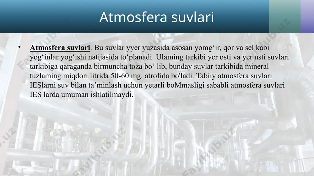 uvdagi organik va anorganik hamda kolloid birikmalarning umumiy miqdori bilan belgilanadi. mineral qoldiq deganda suv tarkibidagi barcha kationlar va anionlar hamda kabi oksidlarning umumiy miqdori tushuniladi va mg/l, yoki g/l birligida olchanadi. umumiy qattiqlik. (qum),suv tarkibidagi kationlar birikmalarining umumiy konsentratsiyasi bilan tavsiflanadi. suvning umumiy qattiqligi texnikada asosiy ko‘rsatkichlardan hisoblanadi. suvning umumiv ishqoriyligi suv tarkibidagi , ; ionlar va kuchsiz organik kislotalaming na li birikmalari bilan tavsiflanadi. suvning oksidlanishi. suvdagi organik hamda oson oksidlanadigan , kabi anorganik moddalaming miqdori bilan tavsiflanadi. suv tozalash sohasida ishlatiladigan ionitlar ionitlar suv tozalash sohasida suvni tarkibidagi ionlardan tozalash uchun keng ko‘lamda ishlatiladigan kimyoviy moadalardir. ionitlar smola holatida yuqori molekulali organik moddalardan ximiyaviy usullar bilan sintcz qilib olinadi. ulaming tarkibida suvdagi ionlar bilan o‘zaro almashinish xususiyatiga ega bo'lgan ko'p miqdordagi ionlar bo'ladi. suv bunday ionitlar orqali filtrlanganda tarkibidagi ionlar, ionitlar tarkibidagi ionlar bilan almashimshi natijasida suvning, hamda ionitning ximiyaviy tarkibi o'zgaradi. suvni ionitlar yordamida tozalash jarayonida …