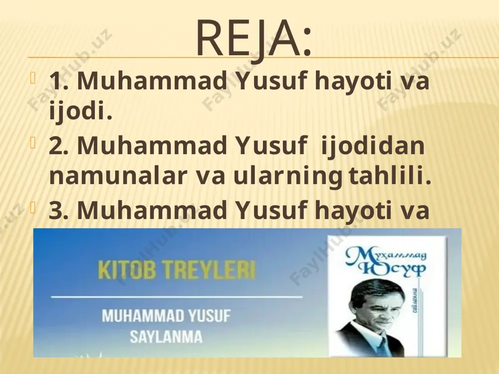 uhammad yusufga 1998-yilda «o`zbekiston xalq shoiri» unvoni berildi. muhammad yusuf ijodi keyingi davr o`zbek qo`shiqchiligi rivojida muhim o`rin tutadi. milliy san’atimizning eng yirik va iste’dodli vakillaridan tortib, havaskor qo`shiqchilargacha shoir she’rlarini kuyga soladilar va hozirgi kunda ham shoir she’rlari sevib o`qiladi yangi- yangi bastalangan kuylarga ashula qilib solinadi. marhum qo`shiqchi muhiddin xoliqov, o`zbekiston xalq artisti ozodbek nazarbekov, yulduz usmonova, o`zbekiston xalq artisti g`iyos boytoyev ijodlarining asosiy manbasi muhammad yusuf she’rlari bilan bog`liqdir. afsuski, muhammad yusufning umri qisqa bo‘ldi. u 2001-yilning 31-iyulida qoraqalpog`istonning ellikqal’a tumaniga qilingan ijodiy safar chog`ida, yuzlab muxlislari qarshisida she’r o‘qiyotgan paytda yurak xurujidan vafot etdi. xuddi boburdek, shavkat rahmondek muhammad yusuf ham bor-yo`g`i 47 yil umr ko‘rdi. biroq bu umr bir dilbar shoirning tug`ilishi, kamol topishi, o`zini voyaga yetkazgan yurt va millatga samimiy va ixlos ila xizmat qilib, ortidan yaxshi nom qoldirishi uchun kifoya qildi... muhammad yusuf ijodidan namunalar va ularning tahlili muhammad yusuf ijodidan namunalar va …