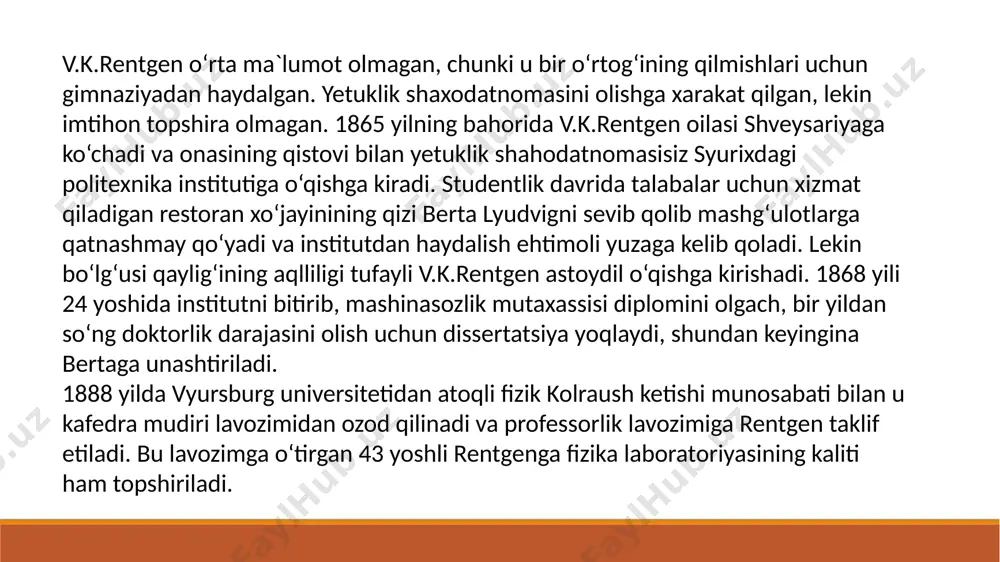 a ediki, odam organizmidagi turli xil to‘qimalar, rengen nurlarini turlicha o‘tkazadi. shu sababli, har xil organlarning rentgen tasvirlarini olish uchun kompyuterda murakkab qayta ishlash jarayonlari bajariladi. kt skanerlangan organning turli qalinlikdagi to‘qimalari qatlamlar bo‘yicha alohida alohida tasvirga tushiriladi va ular keyingi qayta ishlash jarayonida kompyuterdagi maxsus dastur orqali yagona va yaxlit organ tasviriga qayta birlashtiriladi. foydalanilgan adabiyotlar: 1. https:uz.khanacademy.org 2. https://uz.wikipedia.org/wiki/rentgen 3. https://uz.warbletoncouncil.org/ image2.jpeg image3.jpeg