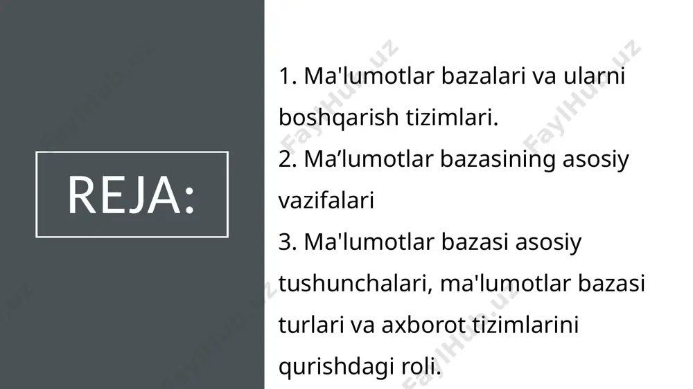 lgan formatda saqlash turli xil ishlov berish usullarini qo'llash orqali ma'lumotlarni kerakli formatda olish imkonini beradi. ma'lumotlar bazasining ishlashi ma'mur(administrator) tomonidan ta'minlanadi. ma'lumotlar bazasi administratori - ma'lumotlar bazasiga talablarni ishlab chiqish, uni loyihalashtirish, joriy etish, samarali foydalanish va saqlash, shu jumladan ma'lumotlar bazasi foydalanuvchilarini boshqarish va ruxsatsiz kirishdan himoya qilish uchun mas'ul shaxs. mbbt-ning muhim vazifasi ma'lumotlar bazasining yaxlitligini ta'minlashdir. ma'lumotlar bazasining yaxlitligi ma'lumotlar bazasining xususiyati bo'lib, ma'lumotlar bazasida dasturlarning to'g'ri ishlashi uchun zarur va etarli bo'lgan to'liq va izchil ma'lumotlar mavjudligini anglatadi. ma'lumotlar bazasida saqlanadigan ma'lumotlarning mantiqiy tuzilishi ma'lumotlar taqdimot modeli deb nomlanadi. ma'lumotlarni taqdim etishning asosiy modellariga: ierarxik model ma'lumotlarni daraxtsimon tashkil qilishni o'z zimmasiga oladi. tuzilishning eng yuqori darajasida dastlabki tugunlari bo'lmagan daraxtning ildizi joylashgan. qolgan tugunlar yuqoridagi tugun orqali bog'langan tarmoq modeli har qanday elementni boshqa biron bir element bilan bog'lash mumkin bo'lganda, ma'lumotlarni tarmoq tuzilishi shaklida tashkil qilishni o'z zimmasiga oladi. relyatsion model (munosabat so'zidan …