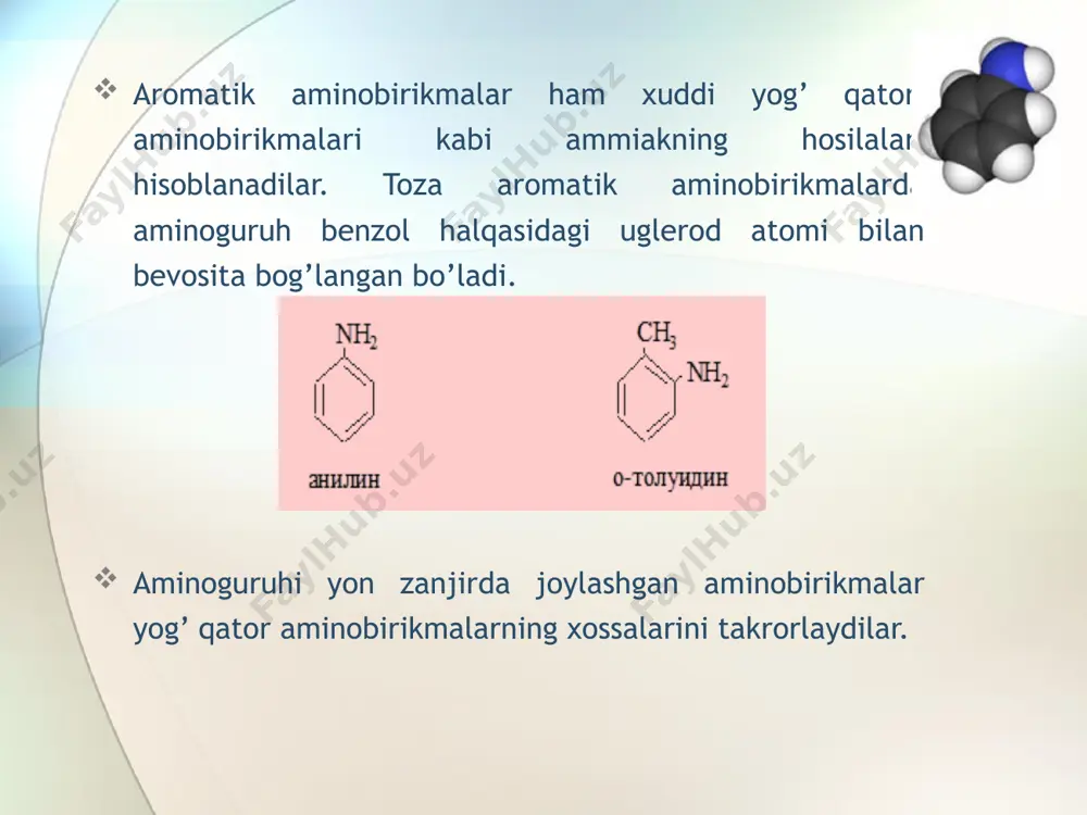 l bo’ladi. aromatik aminlar triftoratsetil gidroperoksidi bilan oksidlangan tegishli nitrobirikmalarni hosil qiladilar: anilin (fenilamin) с6h5nh2 – aromatik aminlardan eng asosiysi: anilin nh2 : tuzilishi c6h5nh2 - anilin fizikaviy xossalari anilin – 60c da suyuqlanadigan, 1820c da qaynaydigan rangsiz suyuqlik, suvda yomon eriydi. saqlash vaqtida qorayib ketadi, zaharli. birinchi marotaba 1826 yilda indigoni ohak bilan haydash natijasida hosil qilingan. 1842 yilda anilinni n.n.zinin nitrobenzolni qaytarib hosil qilgan. kam miqdorda toshko’mir smolasida bo’ladi. texnikada nitrobenzolni qaytarib olinadi. katta miqdorda bo’yoqlar ishlab chiqarishda qo’llaniladi. zinin reaksiyasi: c6h5no2 + 6h c6h5nh2 + 2h2o olinishi: nikolay nikolayevich zinin 1812-1880 olinishi: sanoatda c6h5no2 + 3h2 250-300c,ni,cu c6h5nh2 + 2h2o c6h5no2 + 6[h] fe,hcl,h2o c6h5nh2 + 2h2o (zinin, 1842) laboratoriyada: c6h5no2 + 2al + 2naoh + 4h2o c6h5nh2 + +2na[al(oh)4] c6h5nо2 + 3zn + 6hcl c6h5nh2 + 3zncl2 + 2h2o c6h5cl + 2nh3 p,t,cu2o c6h5nh2 + nh4cl kimyoviy xossalari bromlash (sifat reaksiyasi): hcl bilan reaksiyasi: kimyoviy xossalari: …