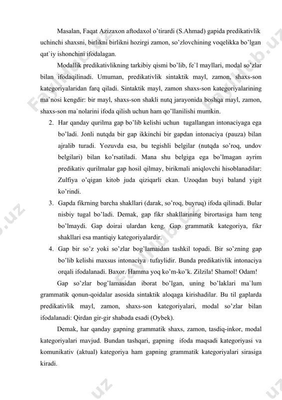 lum grammatik qonun-qoidalar asosida sintaktik aloqaga kirishadilar. bu til gaplarda predikativlik mayl, zamon, shaxs-son kategoriyalari, modal so’zlar bilan ifodalanadi: qirdan gir-gir shabada esadi (oybek). demak, har qanday gapning grammatik shaxs, zamon, tasdiq-inkor, modal kategoriyalari mavjud. bundan tashqari, gapning ifoda maqsadi kategoriyasi va komunikativ (aktual) kategoriya ham gapning grammatik kategoriyalari sirasiga kiradi. gapning tavsifi. gaplar o’zining quyidagi belgilariga uo’ra tasnif qilinadi: -kommunikativ maqsadiga ko’ra; -emocionallikka ko’ra; -voqelikka munosabatiga ko’ra; -ifoda asosiga ko’ra; -kommunikativ vaziyatiga ko’ra; -muchalari xarakteriga ko’ra; tasnif gapning tashqi tomoni-tuzilishi va ichki tomoni-mazmuni hisobga olinadi. gapning kommunikativ maqsadga ko’ra turlari. gapni kommunikativ kategoriyasi gapning ifoda maqsadga ko’ra turlarini ham ichiga oladi. gapning kommunikativ maqsadiga ko’ra turlari nutqiy aloqa turiga asoslanadi. shunga ko’ra, gaplar kommunikativ maqsadiga ko’ra quyidagi turlarga bo’linadi: darak, so’roq, buyruq gaplar. ba`zi ishlarda ularning istak gaplar turlari ham ajratiladi. darak gap. borliq xodisalarni tasdiq yoki inkor bilan xabar qiluvchi gaplar darak gap deyiladi: ku xavosi iliq edi. …