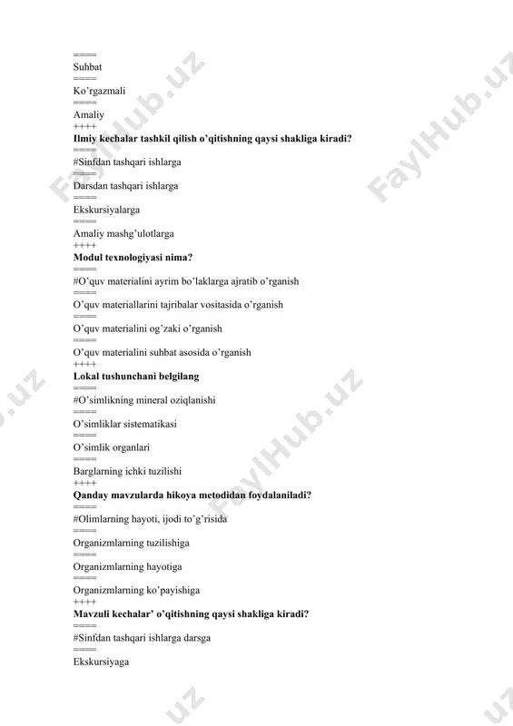 sa ==== mavzu fiziologik jarayonlarga bog’ishlansa ++++ «o’quvchilarga ta’lim berish» nomli dastlabki uslubiy adabiyot muallifi kim? ==== #zarunjiy ==== a, beruniy ==== ibn sino ==== a.g’ofurov ++++ 10-sinf umumiy biologiyani o’qitish metodikasi uslubiy qo’llanmasini muallifi kim? ==== #a.g’ofurov, j.tolipova ==== s.xabirova ==== j.tolipova ==== b.aminov ++++ ayrim masalalarni 5 qator sheriy ifodalashning nomini belgilang? ==== #sinkveyn xamkorlikda o’qitish ==== xamkorlikda o’qitish ==== klaster ==== kichik guruxlarda o’qitish ++++ b.m.korsunskaya va n.n. verzilin biologiya o’qitishning necha xil metodi borligini ko’rsatadi? ==== #3 xil metodi bor ==== 5 xil metodi bor ==== 4 xil metodi bor ==== 1 xil metodi bor ++++ baqalarning ko’payishi rivojlanishi mavzusida bu hayvonlarni baliqlarga qarishdosh ekanligi o’qtiriladi, bu bilan o’quvchilarga qanday tarbiya beriladi? ==== #ilmiy dunyo qarash tarbiyasi ==== estetik tarbiyasi ==== mexnat tarbiyasi ==== tabiatni muxofaza tarbiyasi ++++ baliqlarning suvda yashashga moslanishdagi mavzusini o’rganishda o’quvchilarni qaydan yo’nalishda tarbiyalash mumkin? ==== #ekologik tarbiya ==== estetik tirbiya ==== …