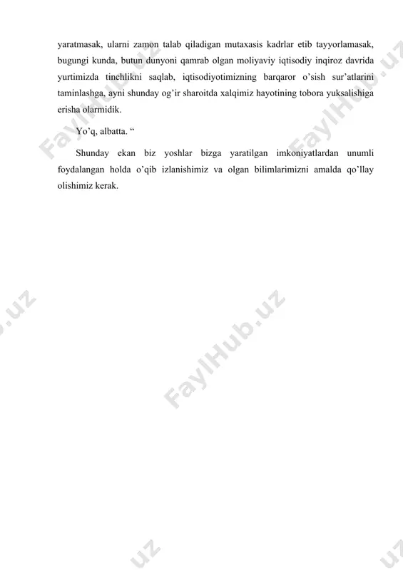 deformatsiya miqdori uning muvozanatli miqdoriga yqin bo`ladi . polierlar - shishasimon holatda va yuqori elastiklik holatda bo`ladi. polimer yuqori elastiklik xolatida bo`lsa, deformatsiya o`zgarishi kuzatiladi. polimerlarda elektro o’tkazuvchanlik elektronlar va ionlar harakati asosida amalga oshiriladigan jarayonlardir. ular yarim o’tkazgichlar va dielektriklar deb tavsiflanadigan moddalar polimerlarning ma’lum bir ko’rinishini harakterlaydi. ammo polimerlar hozirgi paytda o’tkazgich ko’rinishidagi polianalin, piletilin sintez qilingan. polimerlarning elktr o’tkazuvchanligiga qarab, boshqa tizim va birikmalar orasida alohida o’ringa ega. musbat zarralar: ion–keraminlarda paxta, vizkoza, qog’oz-selluloza, plastik profillar. manfiy zaryadlar: plastiklar, plyonkalar, polietilin. solishtirma hajmiy elektr qarshilik (ρ) yuqori o’tkazuvchanlik (k) erkin zarrachalar elektronlar yoki ionlar mavjudligi va ularni harakatlanganligi bilan baholanadi. polimer zanjirlari zaryad tashishda qatnashmaydi. polimerlarning elektr o’tkazuvchanligi juda kichik va ionlar harakatiga bog’liq. polimerlar shishasimon bo’lsa k=10-11 ÷10-17 cm/m bilan xarakterlanadi. temperaturani oshishi bilan polimerning solishtirma elektr o’tkazuvchanligi eksponinsial qonun bo’yicha oshadi. k=a exp(–δu/rt) bu yerda a-koeffitsiyent temperaturaga bog’liq emas. δu-faollik energiyasi. elektr mustahkamlik yoki o’tkazuvchanlikka …