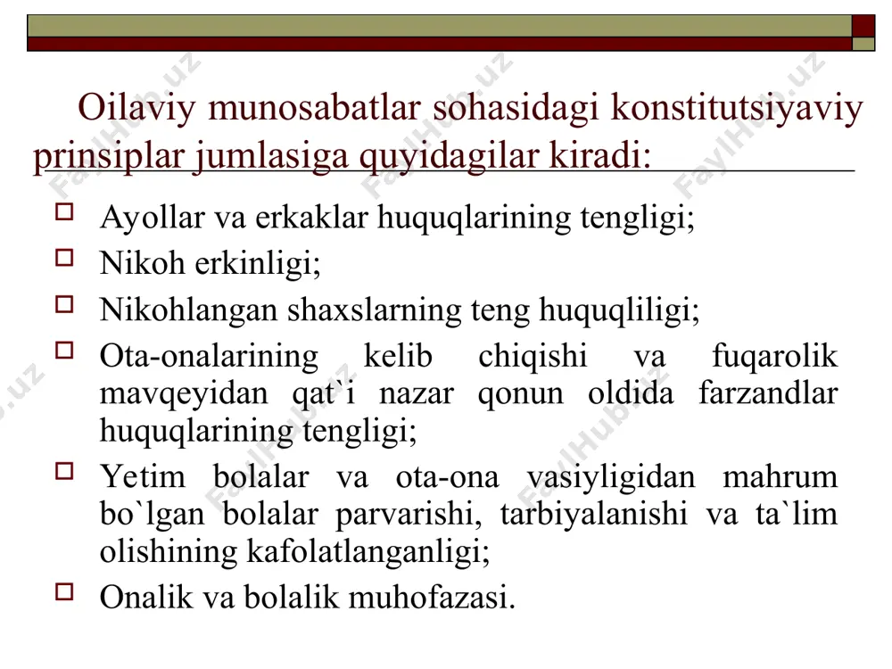 va bekor qilinmagan nikoh, nikoh tuzish taqiqlanishi shartlaridan biri hisoblanadi. qonunga muvofiq sog‘lom va ruhiy kasal yoki aqlan zaif kishi o‘rtasidagi hamda qarindosh-urug‘lar o‘rtasidagi nikohlar haqiqiy emas deb hisoblanadi. er-xotinlar o‘zlarining, shuningdek, voyaga yetmagan bolalari tarbiyasi uchun, ularning ishlari va qilmishlari uchun javobgar bo‘ladilar. o‘z navbatida farzandlar ham o‘z ota-onalari haqida g‘amxo‘rlik qilishlari, ularga yordam berishlari, qo‘llab-quvvatlashlari lozim. balog‘at yoshiga qadar bu majburiyat ma’naviy tavsifda bo‘lib, ular 18 yoshga to‘ganlaridan keyin esa yuridik kuch kasb etadi. farzandlarning huquqlari farzandlarning huquqlari “bola huquqlari to‘g‘risida” gi konvensiya (1989 yil) kabi nufuzli xalqaro hujjatda mustahkamlab qo‘yilgan. unga muvofiq inson tug‘ilganidan to 18 yoshga qadar bola hisoblanadi va quyidagilarga haqlidir: yashashga, aqlan va jismonan rivojlanishga; ismi va fuqaroligi bo‘lishiga; oilada tarbiyalanishga; fikr, vijdonan va diniy e’tiqod erkinligiga; ta’lim olishga; zo‘ravonliksiz hayotga; shaxsiy qadr-qimmati hurmat qilinishiga va boshqalar. voyaga yetgan, mehnatga layoqatli farzandlar o‘z ota-onalari haqida g‘amxo‘rlik qilishga majburdirlar. o‘zbekiston respublikasi konstitutsiyasining 66-moddasi agar ota-onalar …