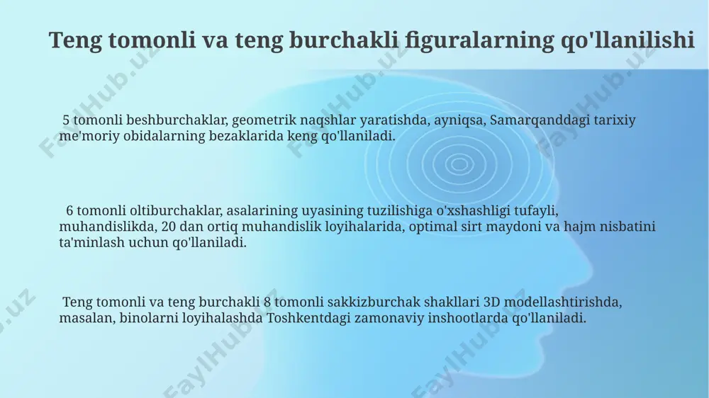 tomonli uchburchak, uning uchta tomoni va uchta burchagi teng bo'lib, misol tariqasida, 3 tomoni 5 sm bo'lgan uchburchakni samarqanddagi maktab darsligida uchratish mumkin. kvadratlarning xususiyatlari kvadrat, aylana singari, aylananing ichiga joylashtirilishi mumkin bo'lgan eng katta to'rtburchak hisoblanadi. agar kvadratning tomoni 8 birlik bo'lsa, uning maydoni 64 kv.birlik, diagonal uzunligi esa taxminan 11.3 birlikni tashkil etadi. bu xususiyatlar geometrik teoremalarda muhim ahamiyatga ega. kvadratning barcha to'rt tomoni teng uzunlikda bo'lib, 4 ta burchagi 90 gradusdan iborat; masalan, 5 sm tomonli kvadratning perimetri 20 sm, maydoni esa 25 kv.sm bo'ladi kvadratning diagonallari bir-birini o'rta nuqtasida kesib o'tadi va teng uzunlikka ega bo'lib, ular to'g'ri burchak hosil qiladi. masalan, 10 sm diagonali kvadratning tomoni taxminan 7.07 sm ga teng bo'ladi. bu xususiyatlar matematika va muhandislikda keng qo'llaniladi. teng tomonli va teng burchakli figuralar haqida umumiy ma'lumot teng tomonli va teng burchakli figuralar, masalan, muntazam ko'pburchaklar, geometriyaning asosiy elementlaridan biri bo'lib, ularning barcha tomonlari …