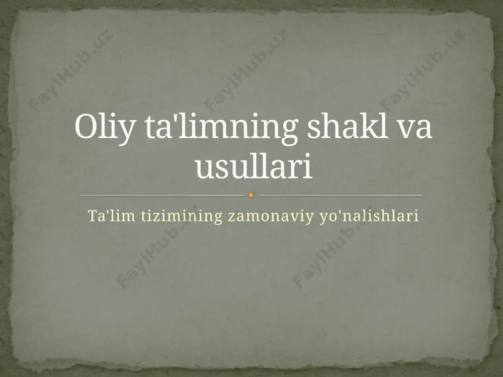 mchiliklari an’anaviy – auditoriyada dars o‘tish. interfaol – savol-javob, guruhli ish. ilmiy-tadqiqot – mustaqil ilmiy izlanishlar. masofaviy – onlayn platformalar orqali ta’lim. oliy ta’lim usullari ta’lim jarayonini raqamlashtirish. xalqaro dasturlar va hamkorlik. moslashuvchan o‘quv rejalari. dual ta’lim tizimini joriy etish. oliy ta’limni rivojlantirish yo‘nalishlari oliy ta’lim shakl va usullari tobora takomillashib bormoqda. zamonaviy texnologiyalar ta’lim samaradorligini oshirishga xizmat qilmoqda. har bir shakl va uslubning afzalliklari mavjud – to‘g‘ri tanlov muhim. xulosa /docprops/thumbnail.jpeg
