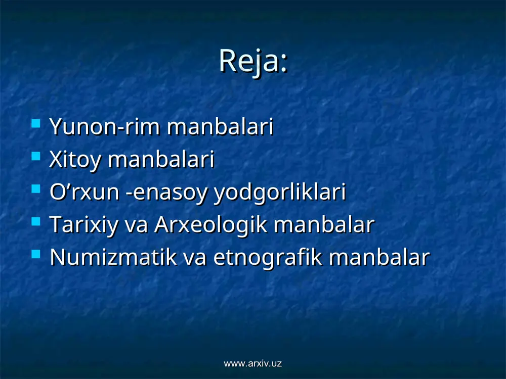 alari haqida qimmatli ma’lumotlarni uchratamiz. geradot (mil. avvalgi 490-480-yillar o`rtasi – 425y.) www.arxiv.uz www.arxiv.uz yana bir yunon tarixchisi strabon o`zining “geografiya” asarida gerkaniya, parfiya, baqtriya va marg`iyonaning tabiiy holati, shaharlari, qisman ularga borish yo`llari, bu yerdagi xalqlar haqida qimmatli ma’lumotlarni berib o`tadi. mashhur rim tarixchisi kvint kursiy ruf o`zining “buyuk iskandar tarixi” nomli asarida o`rta osiyoning iskandar zulqarnay tomonidan istilo qilinishi, xalqlarning chet el bosqinchilariga qarshi kurashi, xususan, spitamen boshchiligidagi qo`zg`alon keng yoritib berilgan. yana boshqa ko`plab yunon-rim tarixchilari asarlarida o`rta osiyo tarixi haqidagi ma’lumotlarni ko`rish mumkin. strabon (mil avv.63 – mil 23y) www.arxiv.uz www.arxiv.uz www.arxiv.uz xitoy tarixchilari va ularning asarlari sima szyan byan gu fan xua liyan shou “tarixiy esdaliklar” “xan sulolasi tarixi” “keyingi xon sulolasi” tarixi “shimoliy sulolalar tarixi” www.arxiv.uz o`rta osiyo tarixini yoritishda xitoy tarixchilari ham o`z hissalarini qo`shganlar. lekin ular o`z asarlarini ma’lum bir maqsad va manfaatlarini ko`zlab yozganlar va xalqlarning tarixi ko`p hollarda bir tomonlama …