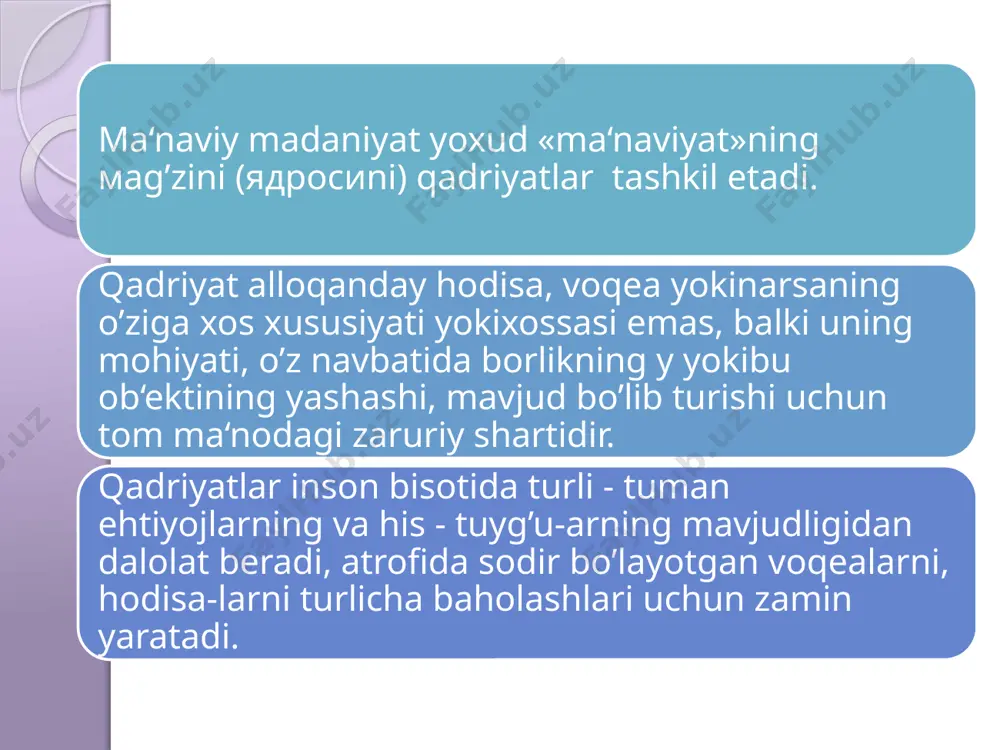 ton respublikasi asosiy qonuni – kons-tituöiyaning umumiy qoidalari va olti bobdan iborat ikkinchi bo’limida xuquqiy jihatdan musathkamlandi. shuningdek, demokratiya, barqarorlik, oshkoralik, tinchlik, hamkorlik kabi umuminsoniy qadlriyatlarning rivoj topishi uchun ham imkon yaratildi. milliy va umuminsoniy qadriyatlarning uyg’unlashib borayotganligini, musatqillik yillarida o’zbekistonda vujudga kelgan - fuqarolarni tinch, totuv yashashga, barqarorlikka intilishida ham yaqqol ko’rish mumkin. endilikda tinchlik, millatlararo totuvlik, barqarorlik o’zbekistonda yashovchi barcha xalq-larni, millatlarni, elatlarning buyuk ijtimoiy-siyosiy qadriyatiga aylanmoqda. jahon svilizatsiyasining atlablariga mos tushuvchi bunday qadriyatlarni shakllani-shida va rivojlanishida, kishilar turmush atrzida musathkam o’rnashib olishida mustaqillik yillarida mamlakatimizda amalga oshirilayotgan bir qator xayrli tad-birlar turtki bermoqda. yuqoridagi fikrlarimizdan quyidagi xulosalar kelib chiqadi: qadriyat alloqanday hodisa, voqea yoki narsaning o’ziga xos xususiyati yoki xossasi emas, balki uning mohiyati, o’z navbatida borlikning u yoki bu ob‘ektining yashashi, mavjud bo’lib turishi uchun tom ma‘nodagi zaruriy shartidir. 2. qadriyatlarni jamiyat, millat hayotidagi o’rni, ijtimoiy xarakteriga qarab milliy va umuminsoniy, sinfiy yoki diniy, shuningdek kishilarning …