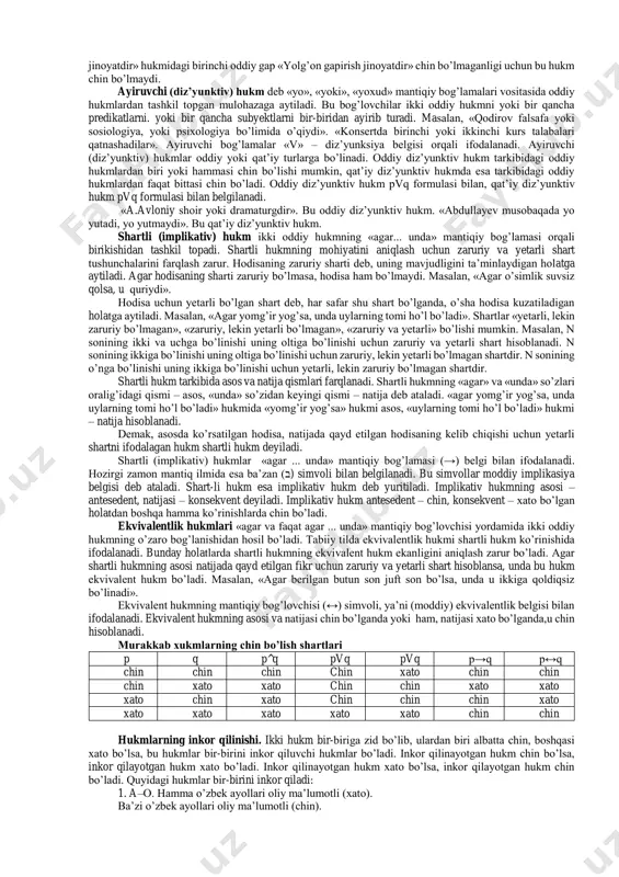 a olinadi, predikati esa ba’zan to’liq, ba’zan to’liqsiz hajmda bo’ladi. masalan, «ba’zi talabalar ingliz tilini biladi» degan hukmning terminlari quyidagicha: s – talabalar, r – ingliz tilini biladiganlar, ba’zi – mavjudlik kvantori. bu hukmda s ham, r ham to’liqsiz hajmda olingan bo’lib, har ikki terminning hajmi bir-biriga qisman mos keladi (4- chizma). 4-chizma. yana bir misolni ko’ramiz: «ba’zi shifokorlar xirurgdir». bu hukmda s – shifokorlar, r – xirurglar, ba’zi – mavjudlik kvantoridir. hukmda subyekt to’liq hajmda olinmagan, chunki unda ba’zi shifokorlar haqida fikr bildirilgan, predikat esa to’liq hajmda olingan, chunki xirurglarning hammasi shifokordir. predikatning hajmi subyektning hajmiga kirgani uchun u to’liq hajmda olingan bo’ladi (5-chizma). 5-chizma. 4. o – juz’iy inkor hukmlarning subyekti hamma vaqt to’liqsiz hajmda, predikati esa to’liq hajmda olinadi. masalan, «ba’zi yoshlar hunarmand emas». bu hukmning terminlari: s – yoshlar, r – hunarmand emaslar; ba’zi – mavjudlik kvantori. hukmning subyekti to’liq hajmda olinmagan, unda yoshlarning bir qismi …
