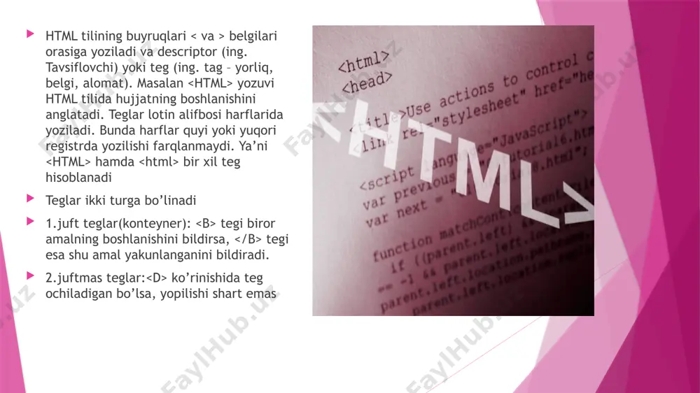 tekislashni aniqlash. masalan: ... font — berilgan matn qismi shriftini ko'rsatish. masalan: ... size — shrift o'lchamini ko'rsatish. masalan: ... 13. h2 ... — ikkinchi pog'ona sarlavha. umuman olti xil sarlavha mavjud. ularning qolgan to'rttasi , , , bilan belgilanadi. 14. hr — gorizontal chiziq (chizg'ich) qo'yadi. 15. i ... — matnni yozma shrift bilan tasvirlaydi. bir, ikki, uch . 16. img — sahifada rasm joylashtirishda ishlatiladi. masalan: , bu yerda photo1 — sizning veb sahifangizdagi fayl bilan bitta katalogda turgan rasm nomi. atributlari: scr — rasm joylashgan joyni ko'rsatish; alt — rasm ochilguncha yoki ochilmay qolganda tegishli matnli satr kiritish; align — tasvirda matnning holatini ko'rsatish: top — yuqori chegara bo'yicha; bottom — pastki chegara bo'yicha; left — chap chegara bo'yicha; right — o'ng chegara bo'yicha; center — markaz bo'yicha. width — rasm kengligi; height — rasm balandligi; hspace — gorizontal bo'yicha tasvirgacha bo'lgan bo'sh maydonni aniqlash; vspace — …