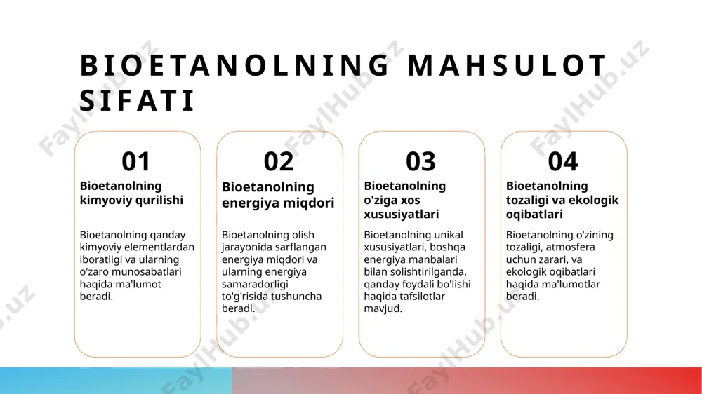 olning asosiy tuzilmasidir. 2 fermentatsiya davri bioetanol fermantatsiyasi davri, odatda 24-72 soatga yetadi. bu vaqtda mayalar shakarlarni bioetanolda aylanishiga olib keladi va energiya azaldiladi. 3 bioetanol miqdori fermentatsiya natijasida hosil bo'lgan bioetanol miqdori mayalar, shakar va boshqa shartlarga bog'liqdir. har xil fermantatsiya sharoitlari uning miqdorini ta'sir qiladi. 4 fermentatsiya baholash fermentatsiya davrida bioetanolning baholash jarayoni muhimdir. baholash, bioetanol sifatini, energiya samaradorligini va fermantatsiya jarayonini tushuntiradi. bioetanolning o'zgaruvchan energiya sohasidagi roli 1 bioetanolning o'zgaruvchan roli bioetanol, toza energiya manbalaridan biri sifatida, o'zbekistonning energiya iste'molida katta o'rin egallaydi va ekologik xavfsizligini ta'minlashda muhim ahamiyatga ega. 2 bioetanolning ijtimoiy ta'siri bioetanolning o'zgaruvchan energiya sohasidagi roli, ijtimoiy tarazdagi energiya iste'molini rivojlantirishda yuqori ahamiyatga ega, yangi ish o'rinlari yaratishga yordam beradi. 3 bioetanol va agrar sohasi bioetanolning foydasi agrar sohasiga ham ta'sir qiladi; qishloq xo'jaligi uchun yangi daromad manbalari yaratish, texnikaviy rivojlanish va ekologik muammolar yechilishida muhim rol o'ynaydi. o'zgaruvchan energiya iste'molining o'zgaruvchanligi va barqarorligi …