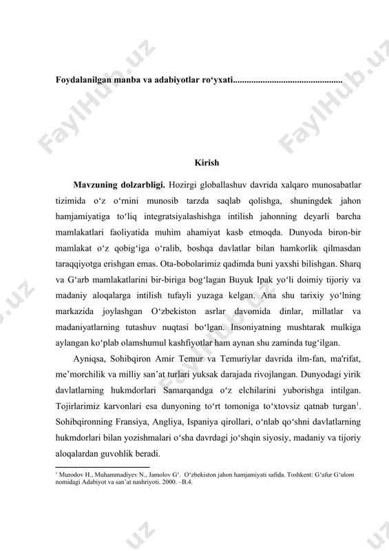 an. ana shu tarixiy yoʻlning markazida joylashgan oʻzbekiston asrlar davomida dinlar, millatlar va madaniyatlarning tutashuv nuqtasi boʻlgan. insoniyatning mushtarak mulkiga aylangan koʻplab olamshumul kashfiyotlar ham aynan shu zaminda tugʻilgan. ayniqsa, sohibqiron amir temur va temuriylar davrida ilm-fan, ma'rifat, me’morchilik va milliy san’at turlari yuksak darajada rivojlangan. dunyodagi yirik davlatlarning hukmdorlari samarqandga oʻz elchilarini yuborishga intilgan. tojirlarimiz karvonlari esa dunyoning toʻrt tomoniga toʻxtovsiz qatnab turgan[footnoteref:1]. sohibqironning fransiya, angliya, ispaniya qirollari, oʻnlab qoʻshni davlatlarning hukmdorlari bilan yozishmalari oʻsha davrdagi joʻshqin siyosiy, madaniy va tijoriy aloqalardan guvohlik beradi. [1: murodov h., muhammadiyev n., jamolov gʻ. oʻzbekiston jahon hamjamiyati safida. toshkent: gʻafur gʻulom nomidagi adabiyot va san’at nashriyoti. 2000. –b.4.] bugungi globallashuv davrida jahonning geosiyosiy imkoniyatlariga ega boʻlgan davlatlari bilan aloqalar ahamiyati kundan-kunga oshib bormoqda. shuning uchun ham tashqi aloqalar geografiyasini kengaytirishga ustuvor ahamiyat qaratib, iqtisodiy diplomatiyani kuchaytirish ayni damda dolzarb hisoblanmoqda. shundan kelib chiqib geosiyosiy va geostrategik ahamiyatga ega boʻlgan germaniya federativ respublikasi …