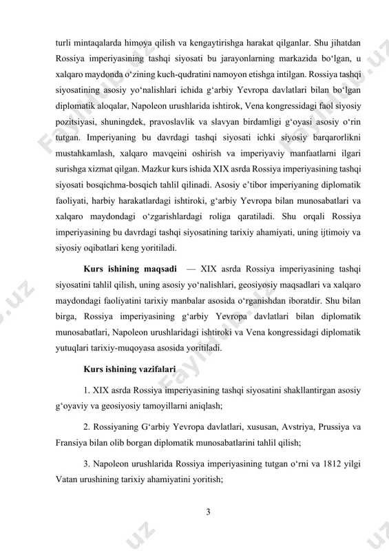 tlarga ko‘rsatgan ta’siridir. adabiyotlar taxlili— ushbu kurs ishida mavzu yuzasidan turli mualliflarning ilmiy va nazariy ishlaridan foydalandim. н.в. рязановский – “история россии с древнейших времён до наших дней”. е.в. тарле – “крымская война” bu asarda rossiyaning xix asr o‘rtalaridagi tashqi siyosati, ayniqsa qrim urushi davridagi diplomatik harakatlari batafsil yoritilgan.ergashov sh. – “jahon tarixi (xix–xx asrlar)”,ergashov sh. – “jahon tarixi (xix–xx asrlar)”, baratov d.d. – ilmiy maqola bo‘lib, rossiyaning sharqiy turkistondagi manfaatlari va bu hududdagi siyosiy strategiyasi haqida chuqur tahlil beradi. ishning metodologiyasi – mazkur kurs ishining metodologik asosini tarixiy voqealarni ilmiy-tahliliy nuqtai nazardan o‘rganishga yo‘naltirilgan kompleks yondashuv tashkil etadi. xix asrda rossiya imperiyasining tashqi siyosatini o‘rganishda bir nechta muhim metodologik yondashuvlar qo‘llanildi. ular quyidagilardan iborat: 1. tarixiy-tahliliy metod bu metod yordamida rossiya imperiyasining tashqi siyosiy faoliyati vaqt va makon nuqtai nazaridan izchil ravishda o‘rganildi. tarixiy hodisalar ketma-ketligi aniqlanib, ularning yuzaga kelishiga ta’sir qilgan ichki va tashqi omillar chuqur tahlil qilindi. …