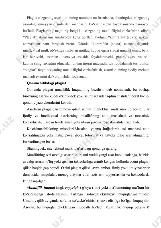 arni tayyorlashda va hokazolarda keng tarqalgan. mualliflik huquqi (ingl. copyright) gʻoya (fikr) yoki maʼlumotning maʼlum bir koʻrinishdagi ifodalanishini tartibga soluvchi ekskluziv huquqlar majmuidir. umumiy qilib aytganda, soʻzma-soʻz „koʻchirish (nusxa olish)ga boʻlgan huquq“dir. asosan, bu huquqlar cheklangan muddatli boʻladi. mualliflik huquqi belgisi © boʻlib, baʼzi bir yurisdiksiyalarda qoʻshimcha ravishda (c) yoki (c) bilan ham ifodalanishi mumkin. mualliflik huquqlari baʼzi mamlakatlarda bern konventsiyasi kabi xalqaro shartnomalar bilan standartlashtirilgan boʻlib, evropa ittifoqi hamda jahon savdo tashkiloti kabi xalqaro tashkilotlar aʼzolaridan talab qilinadi. odatda, mualliflik huquqiga daʼvo qilish uchun asar baʼzi minimal originallik talablariga javob berishi kerak va ushbu huquq maʼlum vaqt oʻtgach yoʻqoladi. har xil davlatlar turli talablar qoʻysada, umuman olganda talablar judayam kam: birlashgan qirollikda asarga ozgina „qobiliyat, ish kuchi va qaror“ sarflangan boʻlishi kerak. mualliflik huquqlarini paydo boʻlishi va ularning himoyasi odatda, mualliflik huquqiga daʼvo qilish uchun asar baʼzi minimal originallik talablariga javob berishi kerak va ushbu huquq maʼlum vaqt oʻtgach …