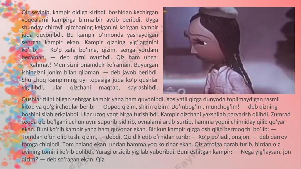 chmanglar!” deb o‘zlarini sandiq ustiga tashlabdilar. keyin ikki qulog‘idan ko‘tarib uyga olib kiribdilar. yarim kecha payti ekan, kampir bilan qiz eshik-elikni yopib, sandiqni ochishibdi-yu birdaniga “voydod, qutqaringlar!”, “ajdar!”, “voydod!” deb baqirishibdi... sandiqda kattakon ikkita ajdar yotgan ekan. qoqvosh kampir bilan uning urishqoq qizi dodlashib, uyni gir-gir aylanishibdi, qo‘rqqanlaridan qulflangan eshikni ochisholmabdi. ikki ajdar kampir bilan qizni yutib, darchadan chiqib ketibdi. “dod, voy!” degan ovozni eshitgan qo‘ni-qo‘shnilar eshikni buzib ichkari kiribdilar. qarasalar, hech kim yo‘q emish. uyda yovuz kampirni ham, uning urishqoq qizini ham topolmabdilar. shundan so‘ng oq ko‘ngil zumrad bilan ota ikkisi tinchgina yashab, murod-maqsadlariga yetibdilar. 1. aqliy tarbiya zumrad erta bilan barvaqt ko‘zasini ko‘tarib, soy yoqalab buloq boshiga borarkan, yo‘lda uchragan lola gullar boshlarini egib, unga salom berarkanlar. zumrad maysalar ustida o‘tirib dam olganida gullar uni olqishlar, bulbullar quvonib unga hikoyalar aytib berarkanlar. * тomdan o‘tin olib tush, qizim, — debdi. qiz dik etib o‘rnidan turib: — xo‘p bo‘ladi, …