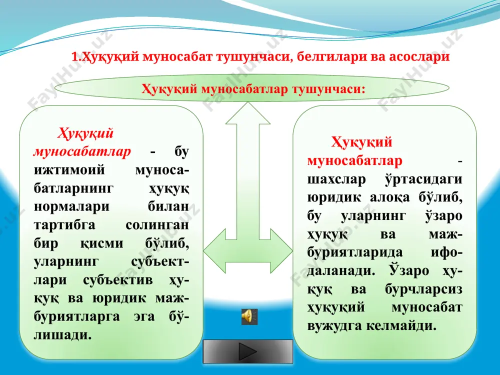 шахснинг ўз хатти-ҳаракати орқали ҳуқуқ ва мажбуриятларга эга бўлишининг қонунда белгиланган (тан олинган) имконияти. муомала лаёқати фақат суд томонидан чекланиши мумкин. фуқаронинг ўз ҳаракатлари билан фуқаролик ҳуқуқларига эга бўлиш ва уларни амалга ошириш, ўзи учун фуқаролик бурчларини вужудга келтириш ва уларни бажариш (муомала лаёқати) у вояга етгач, яъни ўн саккиз ёшга тўлгач тўла ҳажмда вужудга келади ҳуқуқ лаёқати - шахснинг қонунда назарда тутилган субъектив ҳуқуқ ва юридик мажбуриятларга эга бўлиш лаёқати. ҳуқуқ лаёқати кишиларда туғилганидан бошлаб, юридик шахсларда эса унинг низоми тасдиқланган пайтдан бошлаб пайдо бўлади. фуқароларнинг ҳуқуқ лаёқати у туғилган пайтдан эътиборан вужудга келса ва вафот этиши билан тугайди. 4.субъектив ҳуқуқ ва юридик мажбуриятлар субъектив ҳуқуқ – ҳуқуқ нормаларида кўзда тутилган ҳуқуқий муносабат иштирокчиларининг мумкин бўладиган доирадаги хулқи ва хулқ-атвори бўлиб, субъектнинг ўз шахсий манфаатларини қондиришига имкон берадиган юридик чоралардир юридик мажбурият - ҳуқуқий нормаларида кўзда тутилган, ҳуқуқий муносабатлар иштирокчилари томонидан амал қилиниши зарур бўлган ҳуқуқларни ҳатти-ҳаракатлар доираси. юридик …