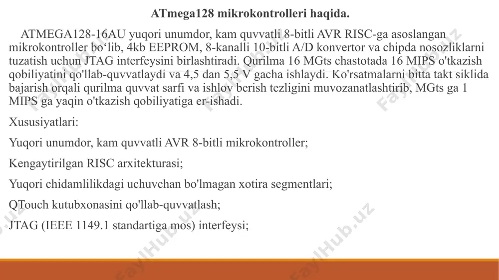 "); } 2.6-rasm malumotni chiqarish datchikdan olingan malumotni chop etish. temperaturani to’gri ekranga chiqarish. #include // ekran uchun kutubxonani qo’shamiz liquidcrystal_i2c lcd(0x27, 16, 2); // ekran malumotlarini beramiz #include microds18b20 sensor; // malumot oladigan pin void setup() { lcd.init(); // ishga tushirish lcd.backlight(); // ekrani ochiramiz } void loop() { sensor.requesttemp(); // temperaturani olamiz delay(1000); // javobni kutamiz lcd.home(); // kursorni beramiz 0,0 lcd.print(sensor.gettemp()); // temperaturani ekranga chiaramiz lcd.write(223); // gradus belgisi lcd.print("c "); // c va tozalash uchun bir nechta bo'sh joy } keyingi turida esa boshlangich teperatura va hozirgi temperaturani chiqaramiz. #include liquidcrystal_i2c lcd(0x27, 16, 2); #include microds18b20 sensor; float prevt; void setup() { lcd.init(); lcd.backlight(); sensor.requesttemp(); delay(1000); prevt = sensor.gettemp(); } void loop() { sensor.requesttemp(); delay(1000); lcd.home(); lcd.print(prevt, 1); lcd.write(223); lcd.print(' '); lcd.write(126); lcd.print(' '); lcd.print(sensor.gettemp(), 1); lcd.write(223); xulosa mening xulosam shundan iboratki, termometr-bu haroratni yoki harorat gradyani-ni (ob'ektning issiqligi yoki sovuqligi darajasi) o'lchaydigan qurilma. termometr ikkita …