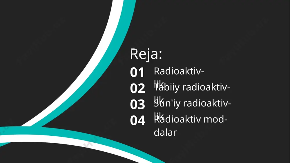 yilda kashf qilindi . tabiiy radioaktivlik nima ? bu o'zgartirish atom yadrosi boshqa element atomlari yadrosida shu kimyoviy elementning . bu jarayon har doim radioaktiv nurlanish bilan birga bo'ladi . ushbu masala o'rganishga katta hissa ajoyib fizik qildi mari sklodowska - kyuri . bu 1898 yilda elementlar radiy va radyum kashf kim u edi . fiziklar tabiiy radioaktivlik tashqi sharoitlar ta'siri ostida o'zgarishi mumkin emas , deb ko'rsatdi . 03 sun'iy radioaktivlik 3-reja 80% 04 radioaktiv bo’lmagan atom yadrosini elementar zarralar (alfa, neytron, proton, …) bilan bombardimon qilish orqali beqaror yadroga aylantirish hodisasi sun’iy radioaktivlik deb ataladi. sun’iy radioaktiv yadroviy reaksiyasi: x + a ===> y + (nurlanish) x barqaror yadro, a zarracha – bombardimon qilgan nur, b bombardimon qilingandan keyin hosil boʻlgan beqaror yadro. hosil bo’lgan y yadrosi tabiiy radioaktiv parchalanishga uchraydi va boshqa yadrolarga aylanadi. add your title add your words here,according to your need to draw the …